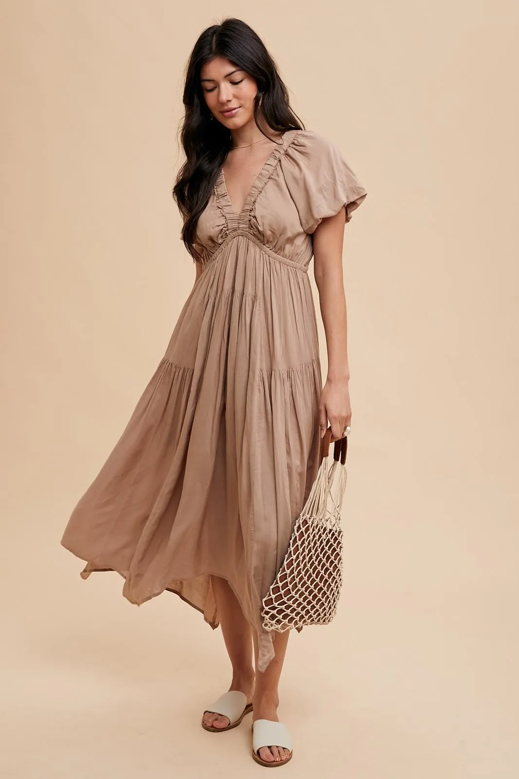 Taupe Deep V-Neck Puff Short Sleeve Asymmetrical Hem Midi Dress sold by Pinkblush product image thumbnail 3