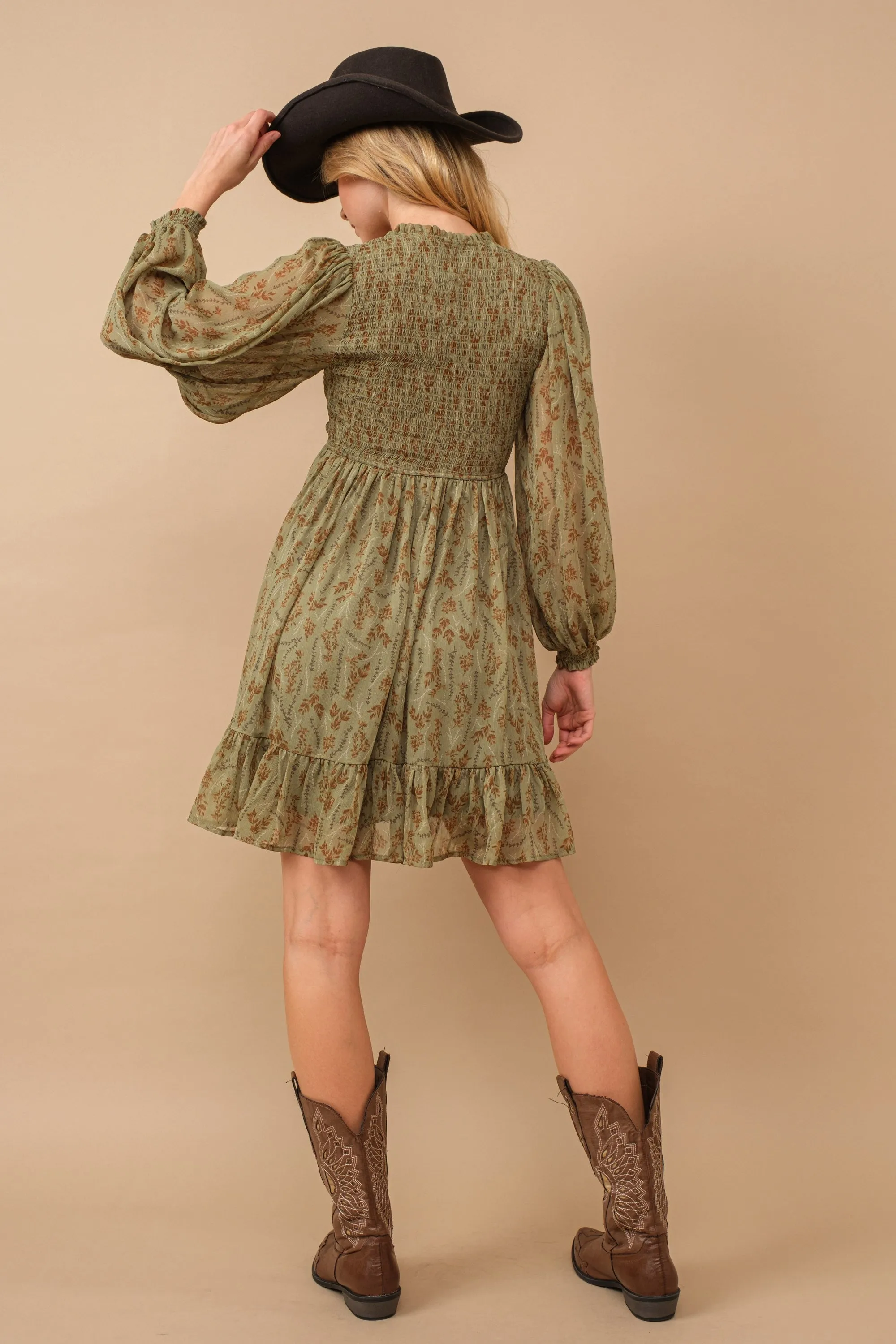 Olive Floral Smocked Long Sleeve Dress sold by Pinkblush product image thumbnail 3