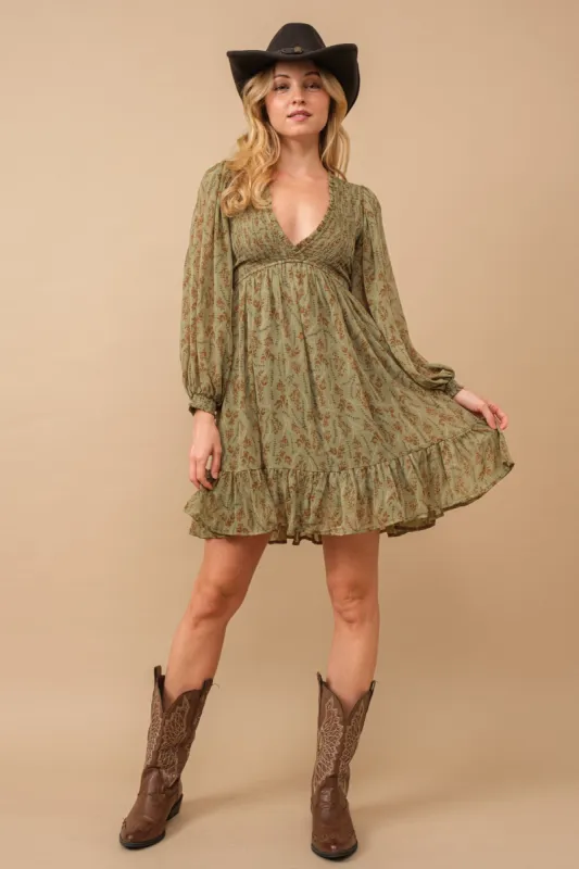 Olive Floral Smocked Long Sleeve Dress sold by Pinkblush