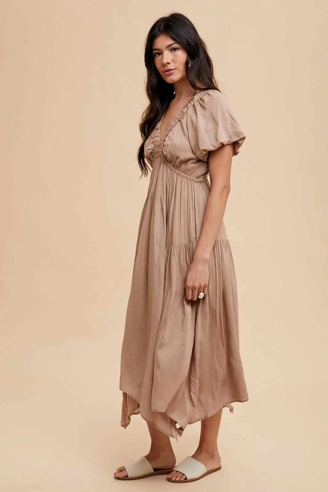 Taupe Deep V-Neck Puff Short Sleeve Asymmetrical Hem Midi Dress sold by Pinkblush product image thumbnail 4