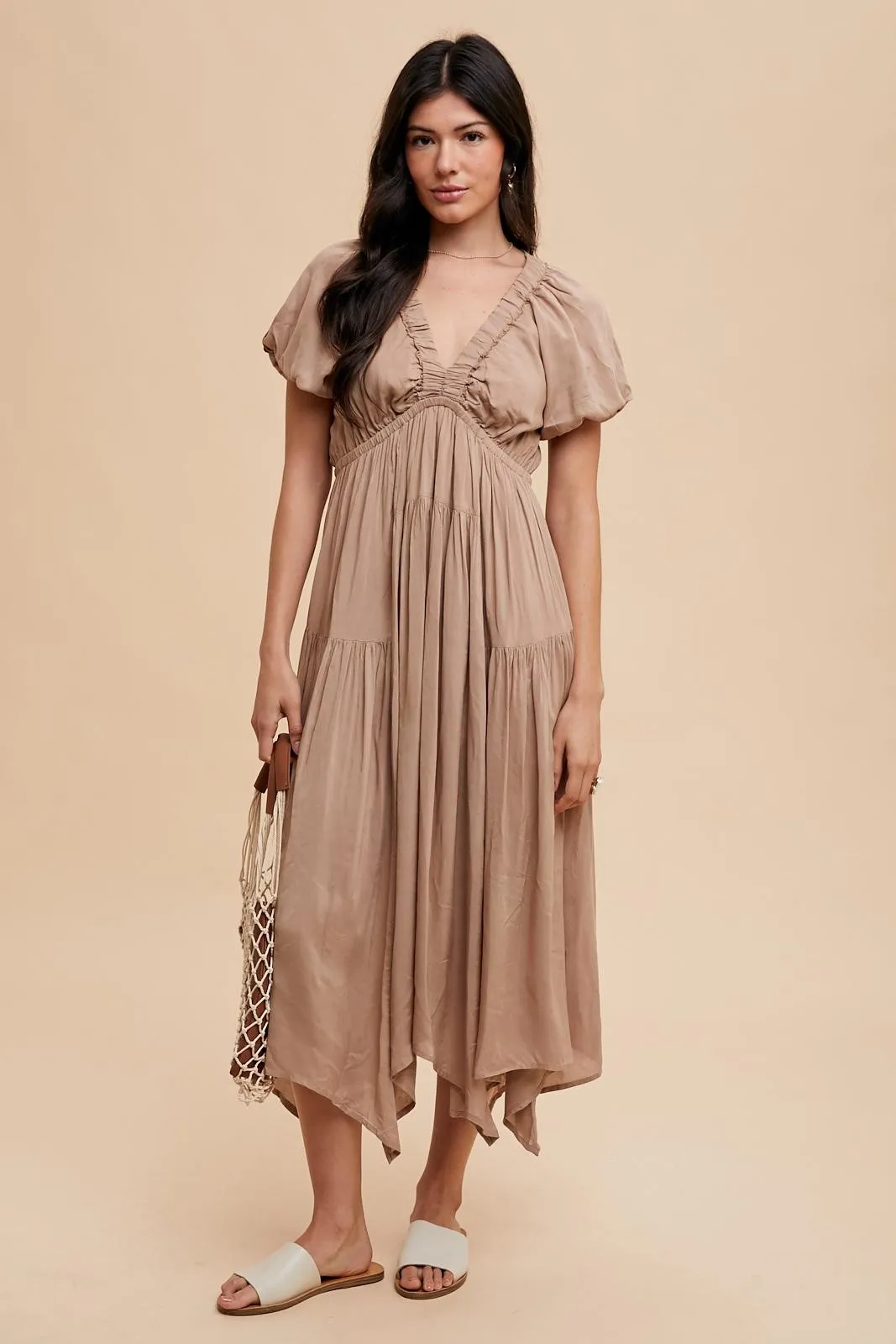 Taupe Deep V-Neck Puff Short Sleeve Asymmetrical Hem Midi Dress sold by Pinkblush