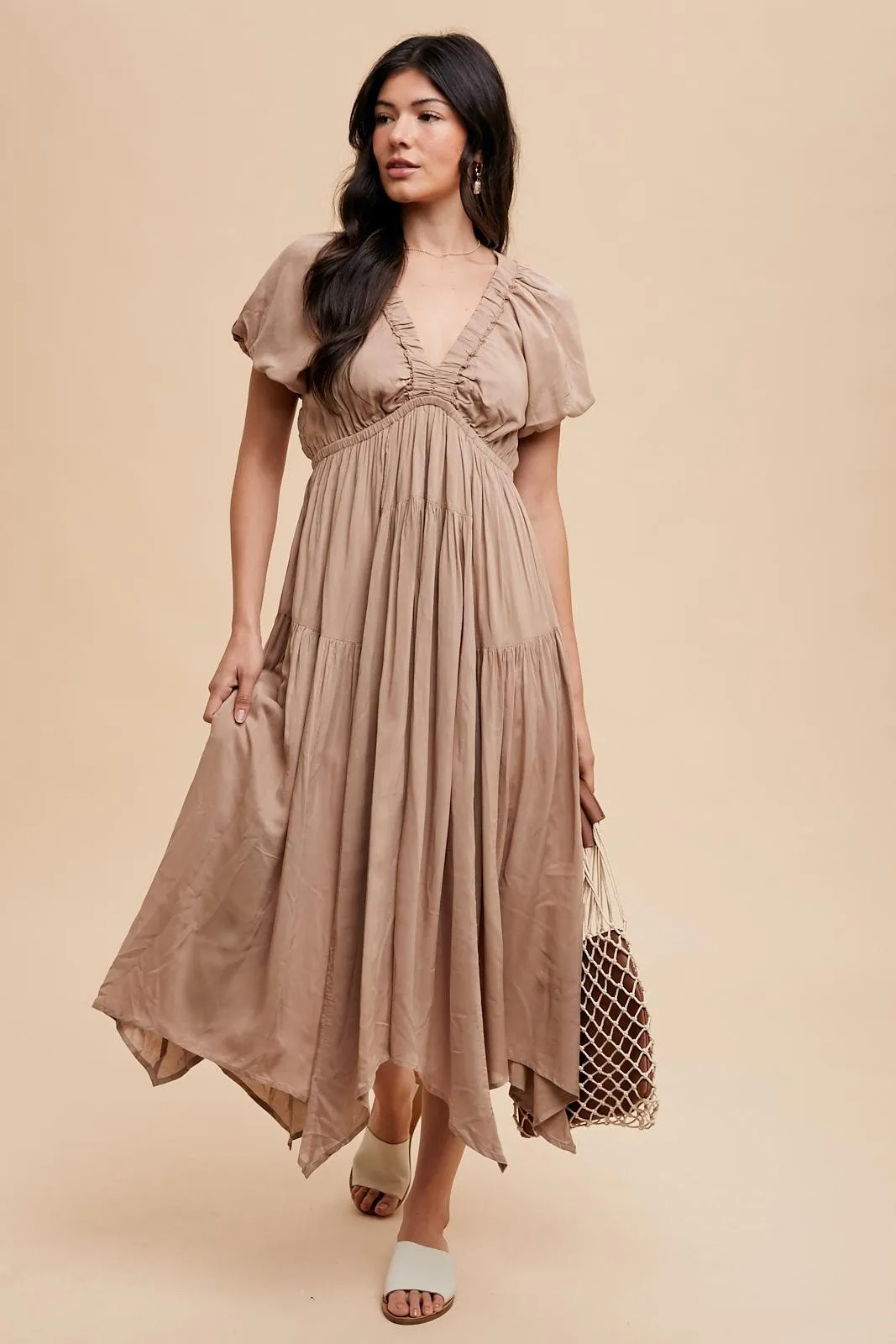 Taupe Deep V-Neck Puff Short Sleeve Asymmetrical Hem Midi Dress sold by Pinkblush product image thumbnail 2