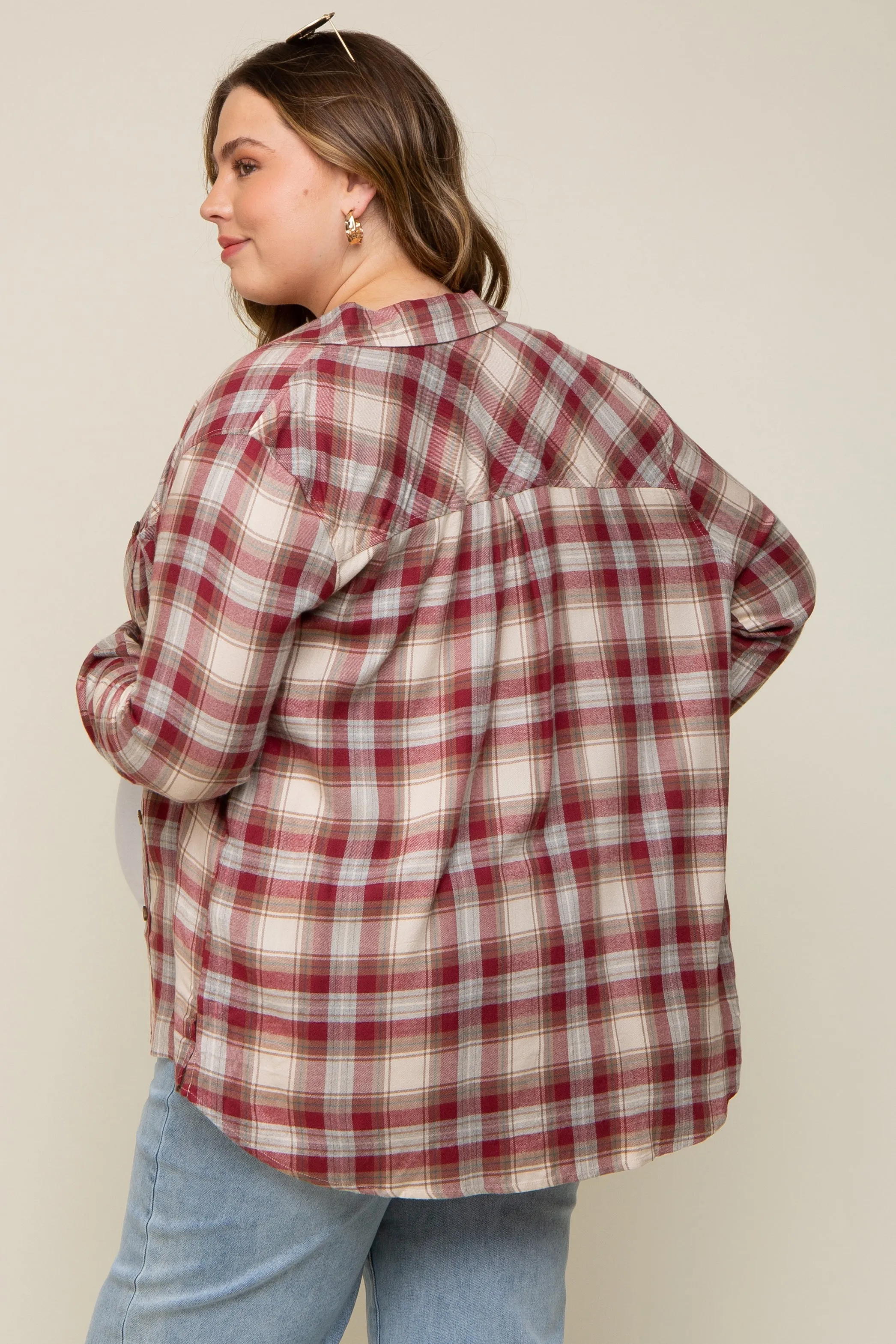 Burgundy Flannel Plaid Button Up Maternity Top sold by Pinkblush product image thumbnail 3