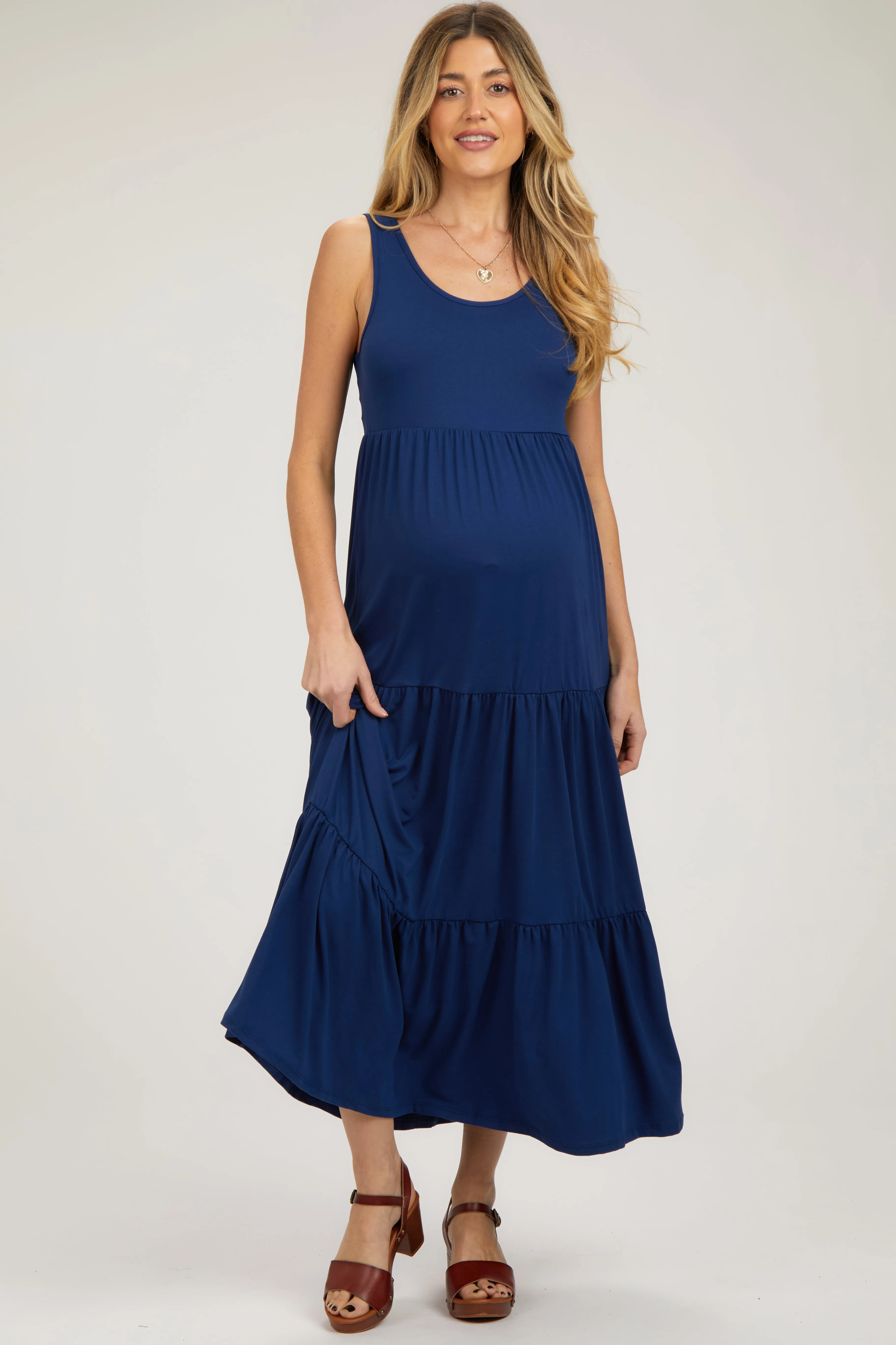 Navy Sleeveless Scoop Back Tiered Maternity Maxi Dress sold by Pinkblush