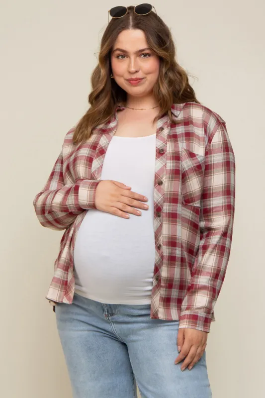Burgundy Flannel Plaid Button Up Maternity Top sold by Pinkblush