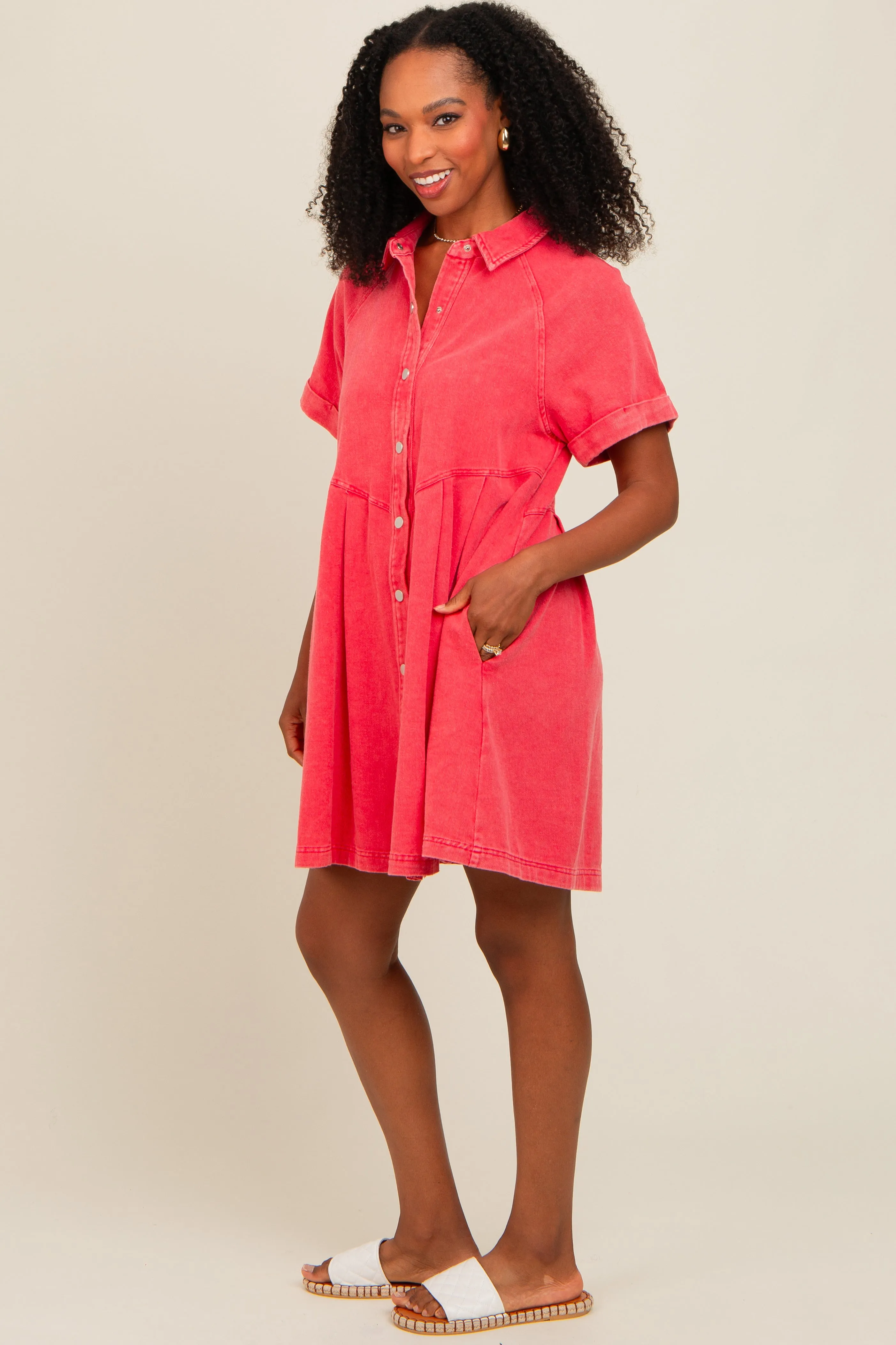 Red Denim Button Down Mini Dress sold by Pinkblush product image thumbnail 3