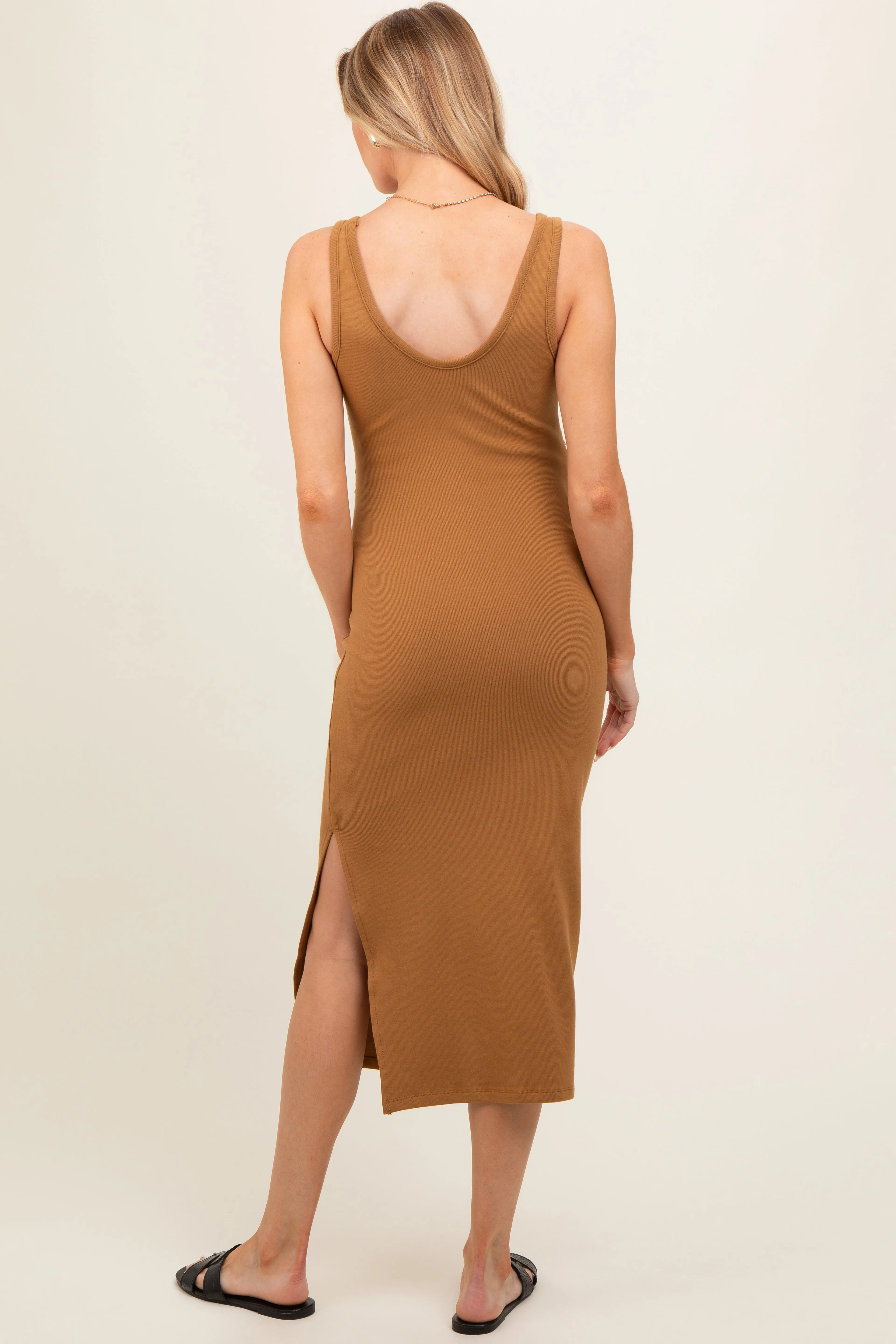 Camel Short Sleeve Ruched Maternity Dress sold by Pinkblush product image thumbnail 4