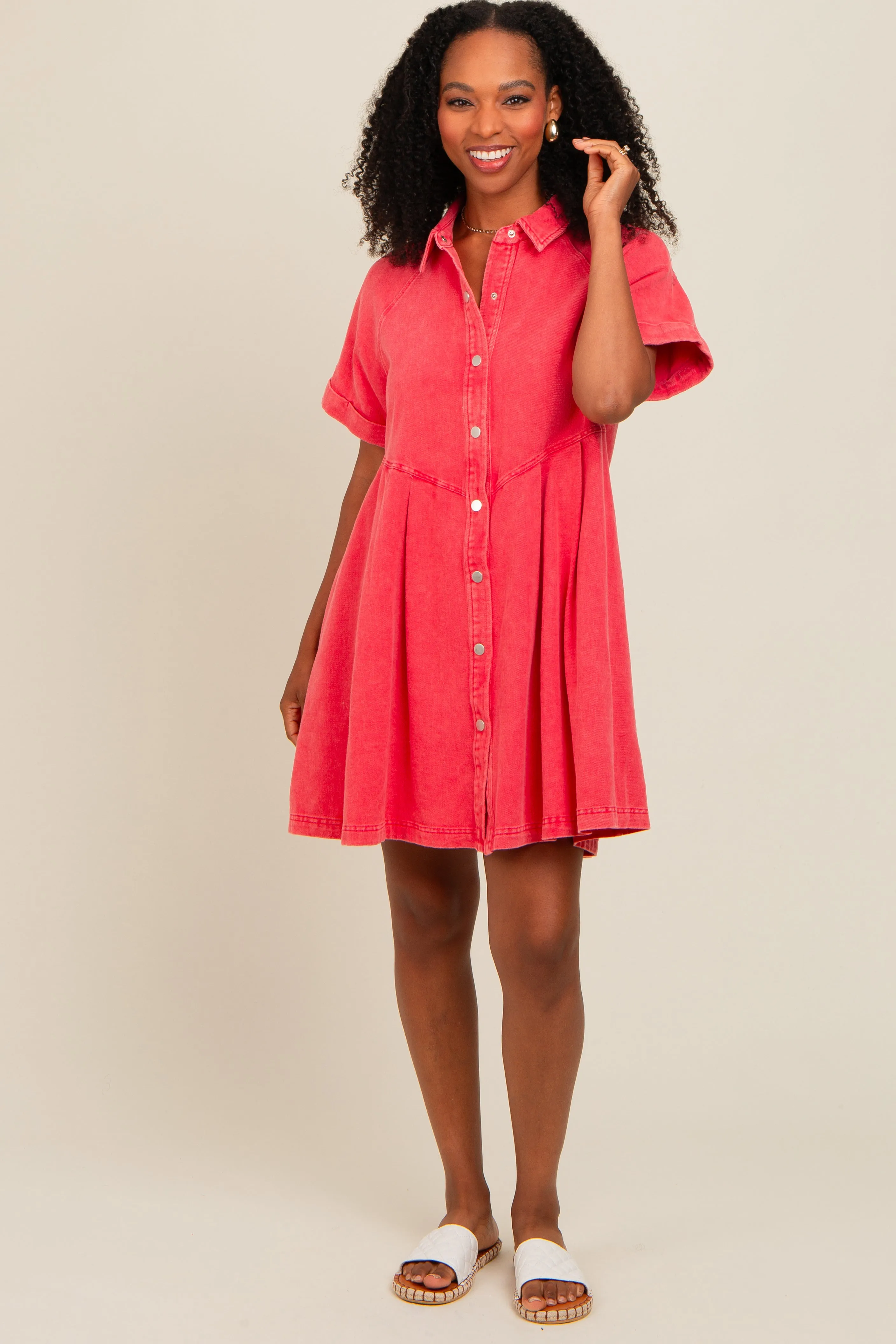 Red Denim Button Down Mini Dress sold by Pinkblush
