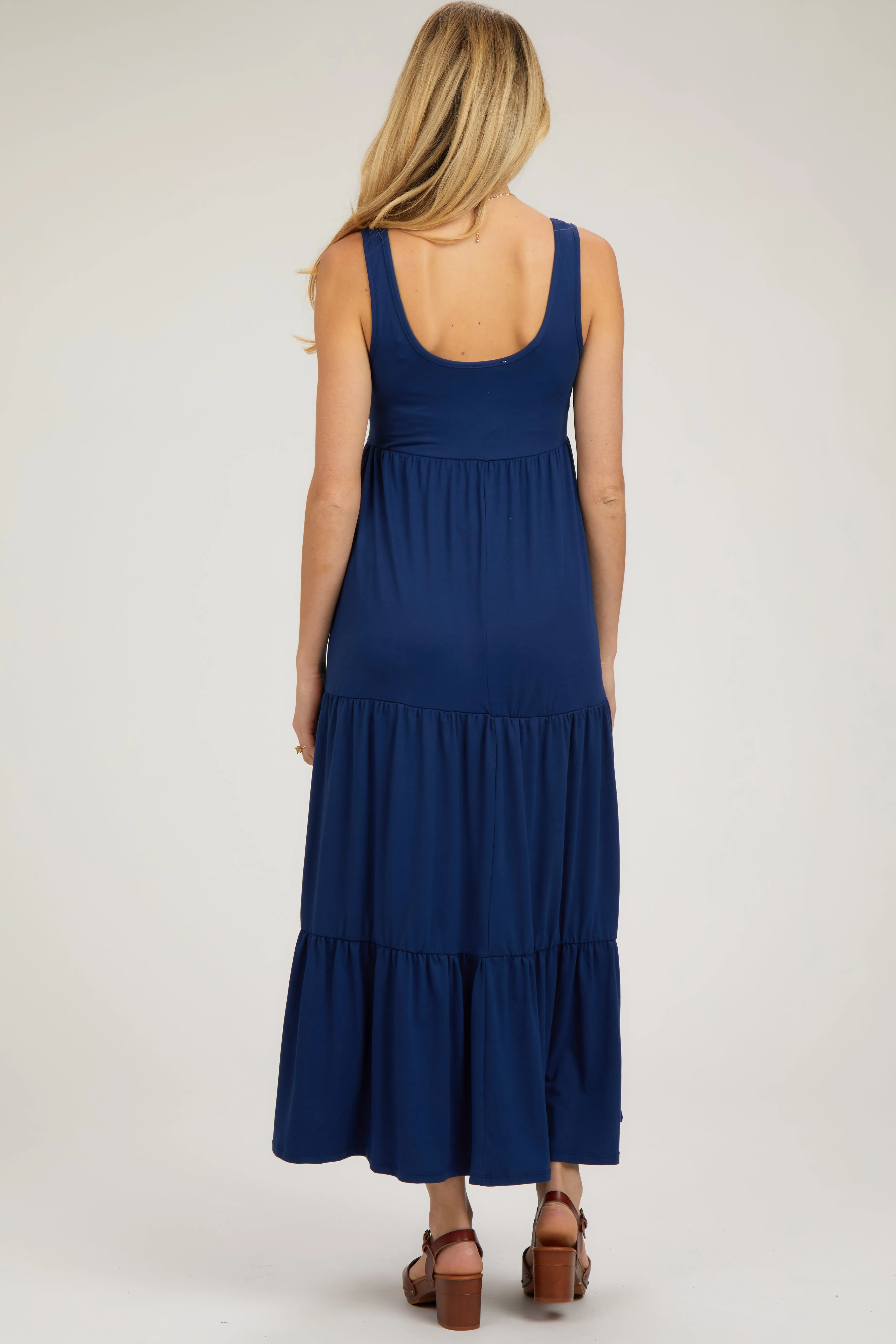 Navy Sleeveless Scoop Back Tiered Maternity Maxi Dress sold by Pinkblush product image thumbnail 3