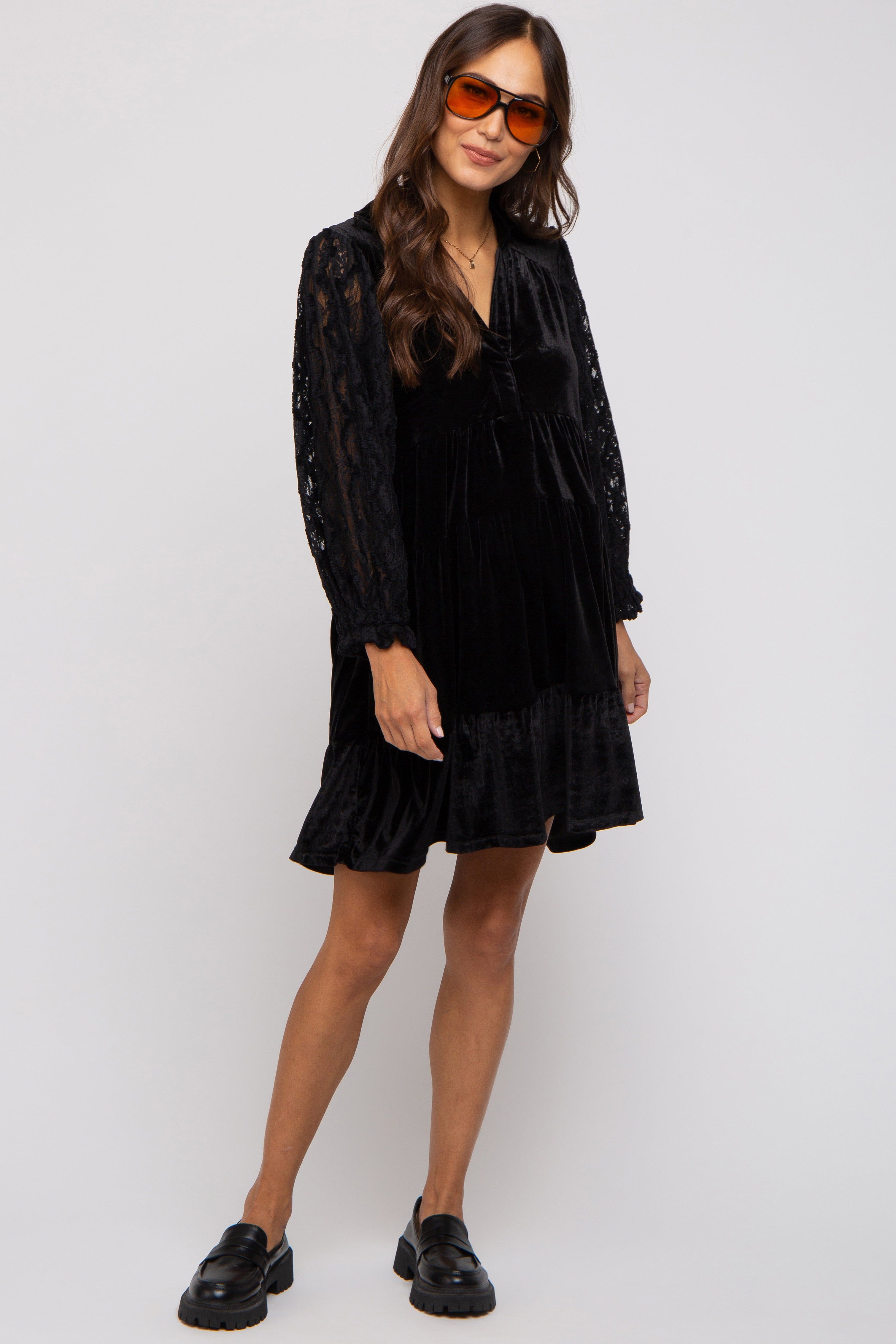 Black Velvet Lace Sleeve Collared Tiered Maternity Dress sold by Pinkblush product image thumbnail 2