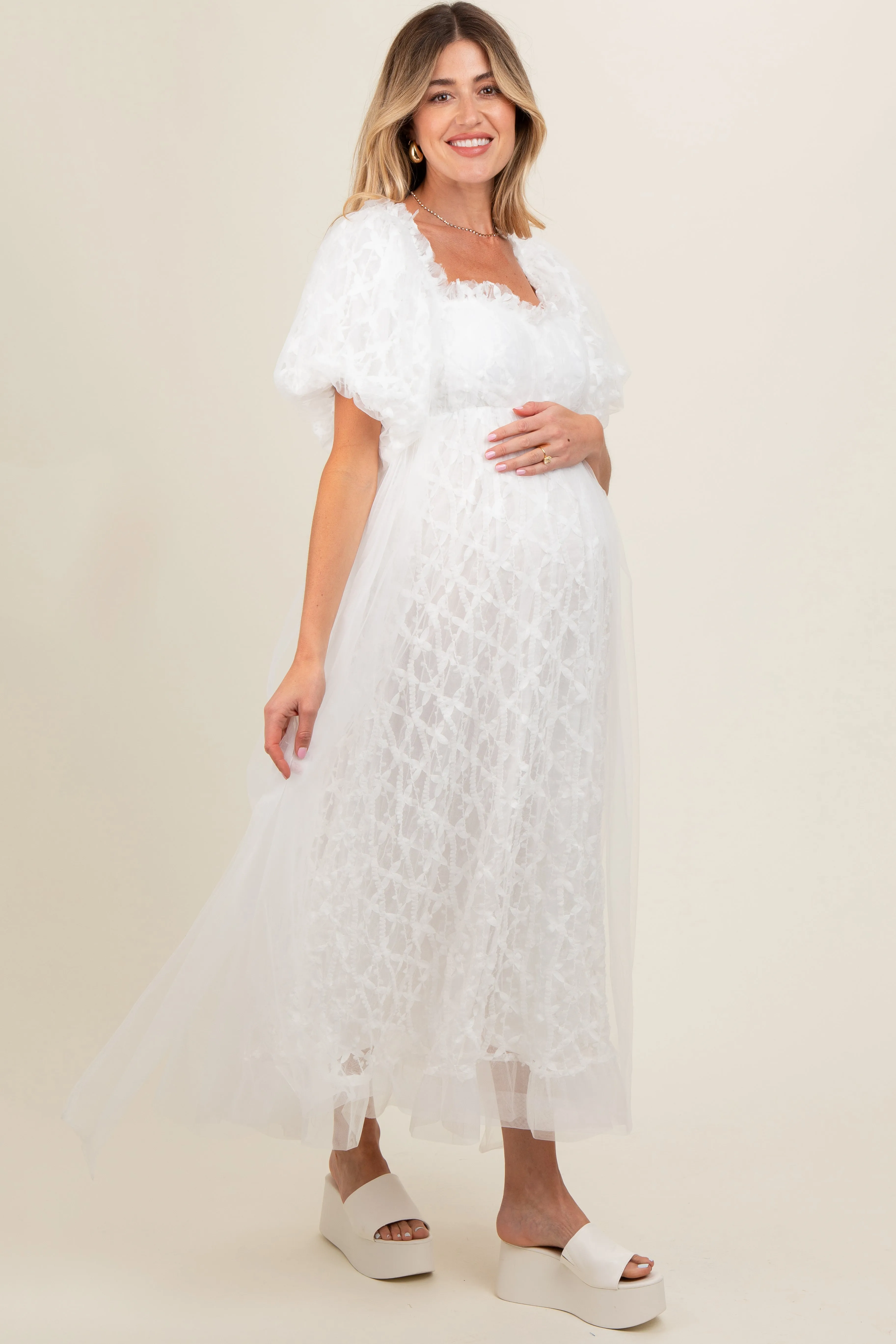 White Balloon Sleeve Embroidery Mesh Maternity Midi Dress sold by Pinkblush product image thumbnail 4