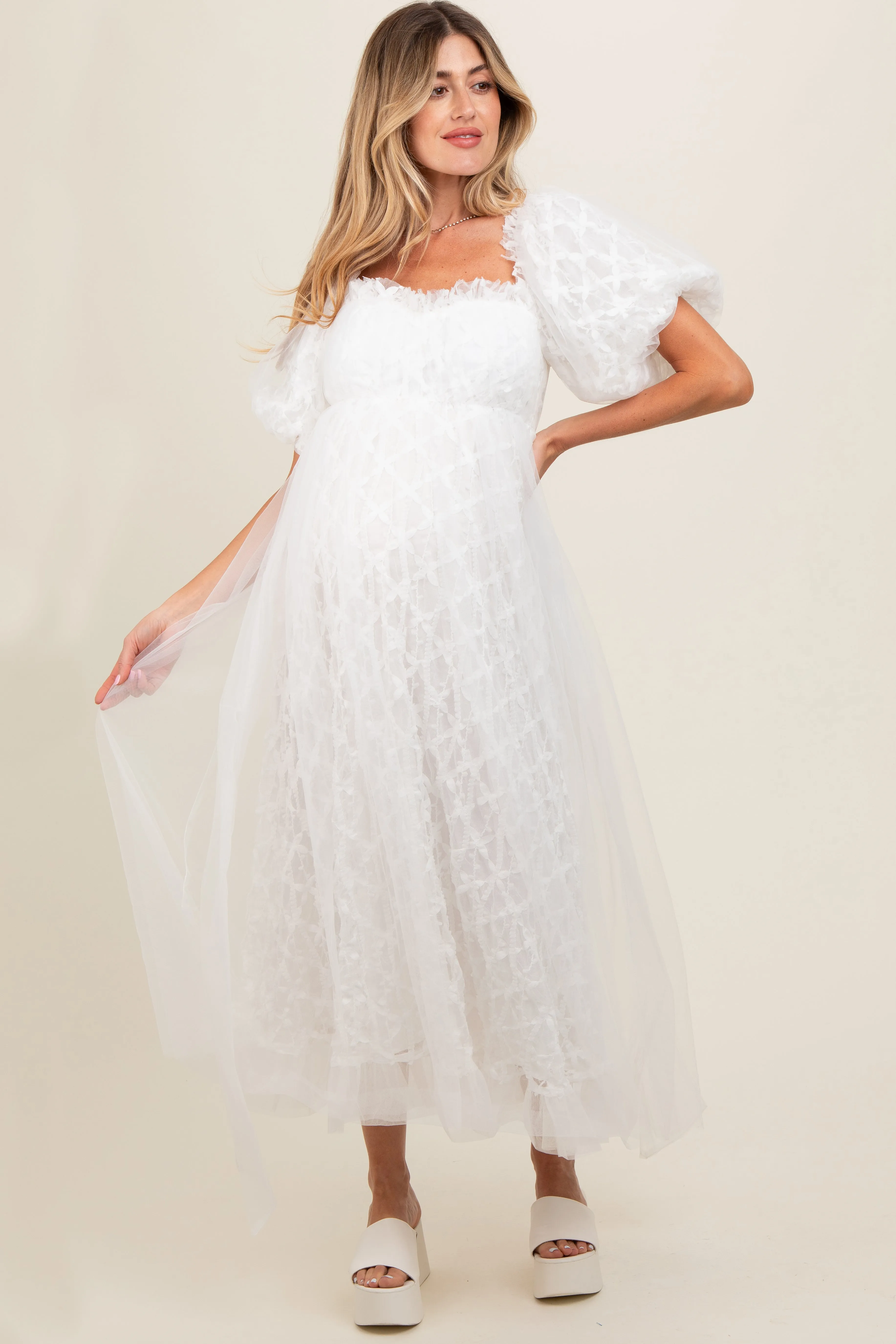 White Balloon Sleeve Embroidery Mesh Maternity Midi Dress sold by Pinkblush
