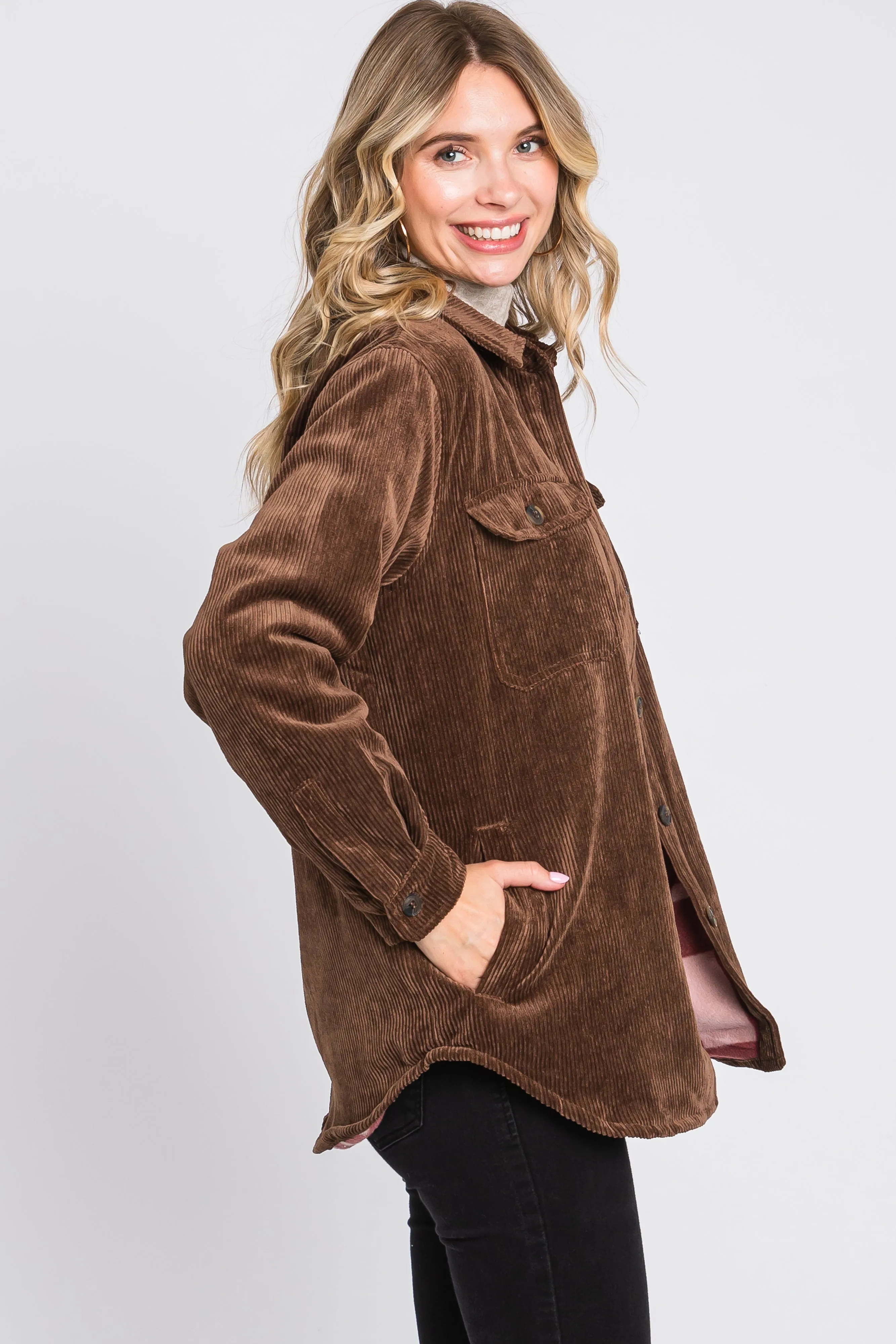Brown Corduroy Plaid Fleece Lined Button Down Shacket sold by Pinkblush product image thumbnail 2