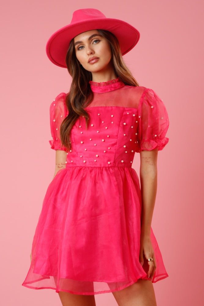 Hot Pink Pearl Embellished Organza Dress sold by Pinkblush