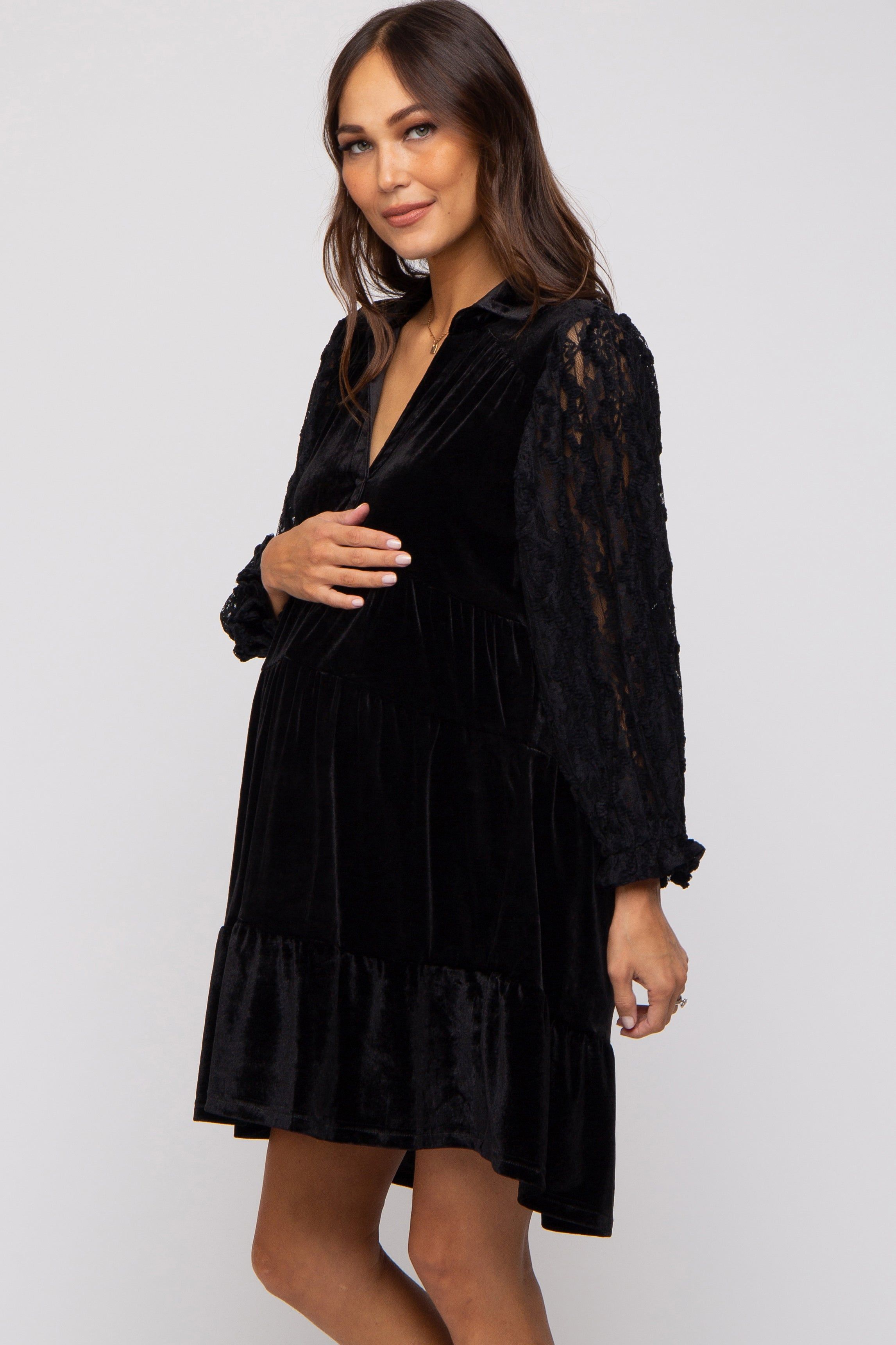 Black Velvet Lace Sleeve Collared Tiered Maternity Dress sold by Pinkblush product image thumbnail 3