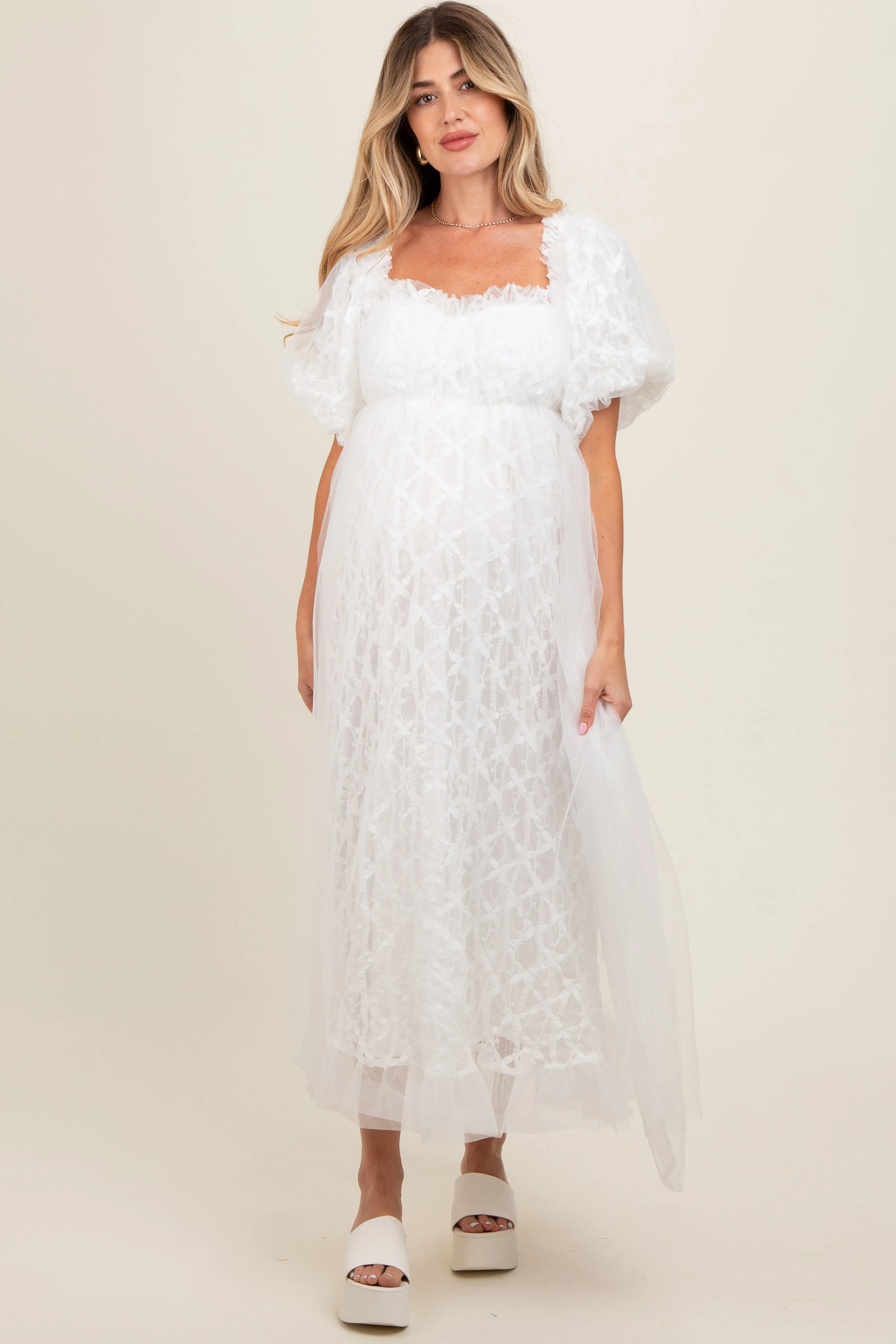 White Balloon Sleeve Embroidery Mesh Maternity Midi Dress sold by Pinkblush product image thumbnail 2