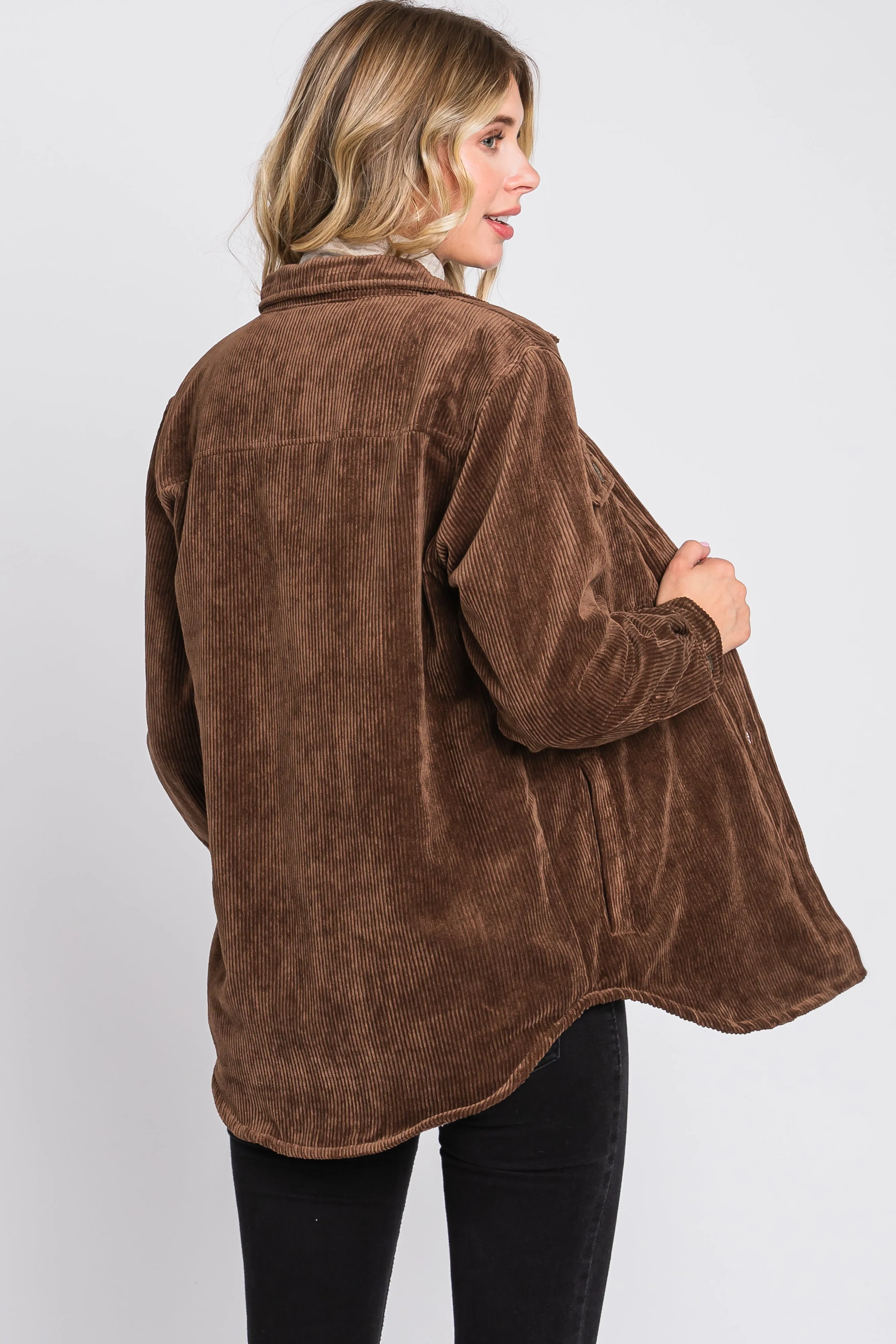 Brown Corduroy Plaid Fleece Lined Button Down Shacket sold by Pinkblush product image thumbnail 3