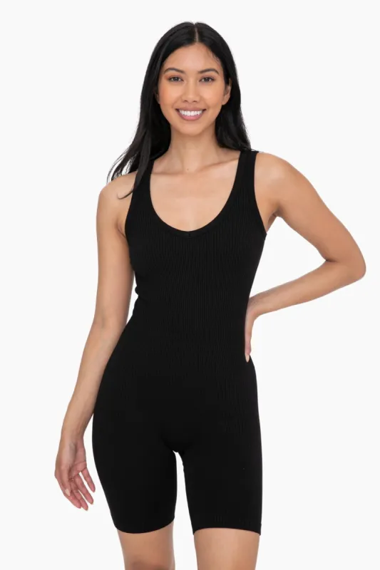 Black Ribbed Sleeveless Fitted Romper sold by Pinkblush