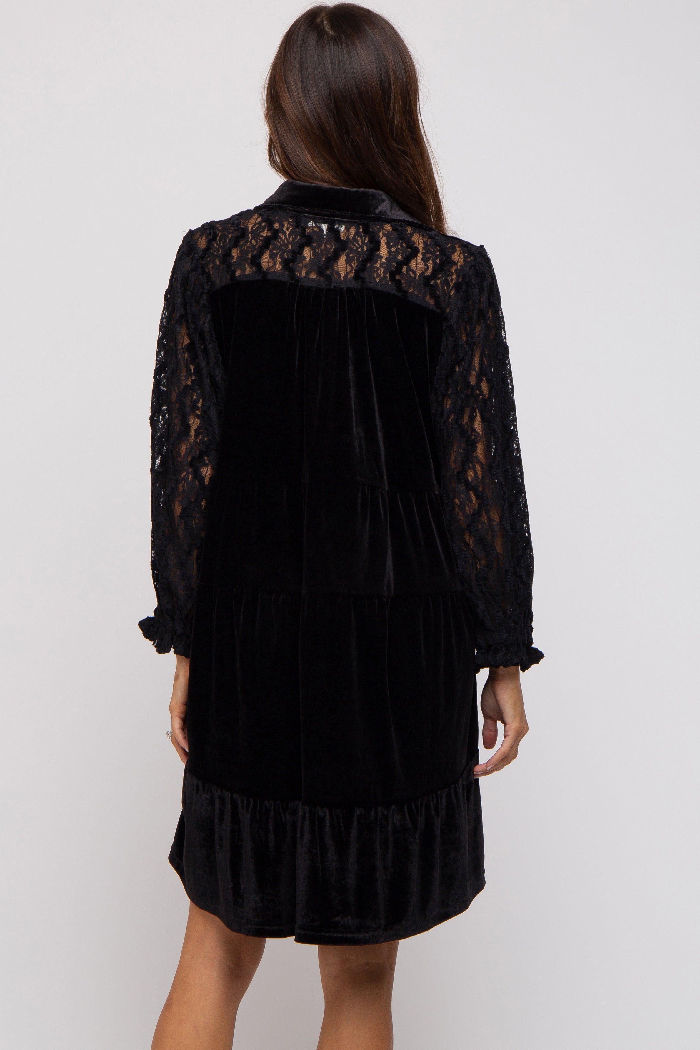 Black Velvet Lace Sleeve Collared Tiered Maternity Dress sold by Pinkblush product image thumbnail 4