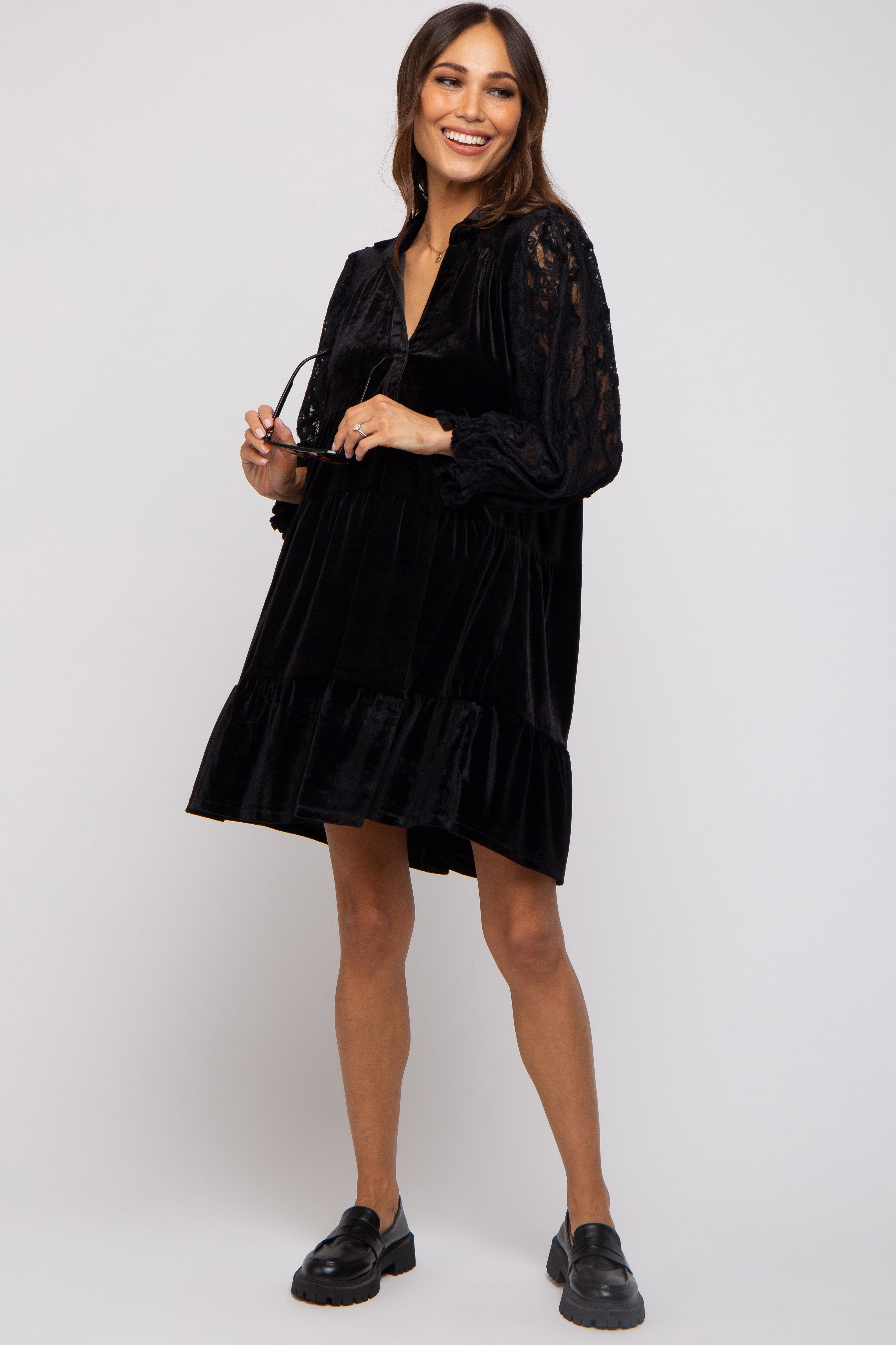 Black Velvet Lace Sleeve Collared Tiered Maternity Dress sold by Pinkblush