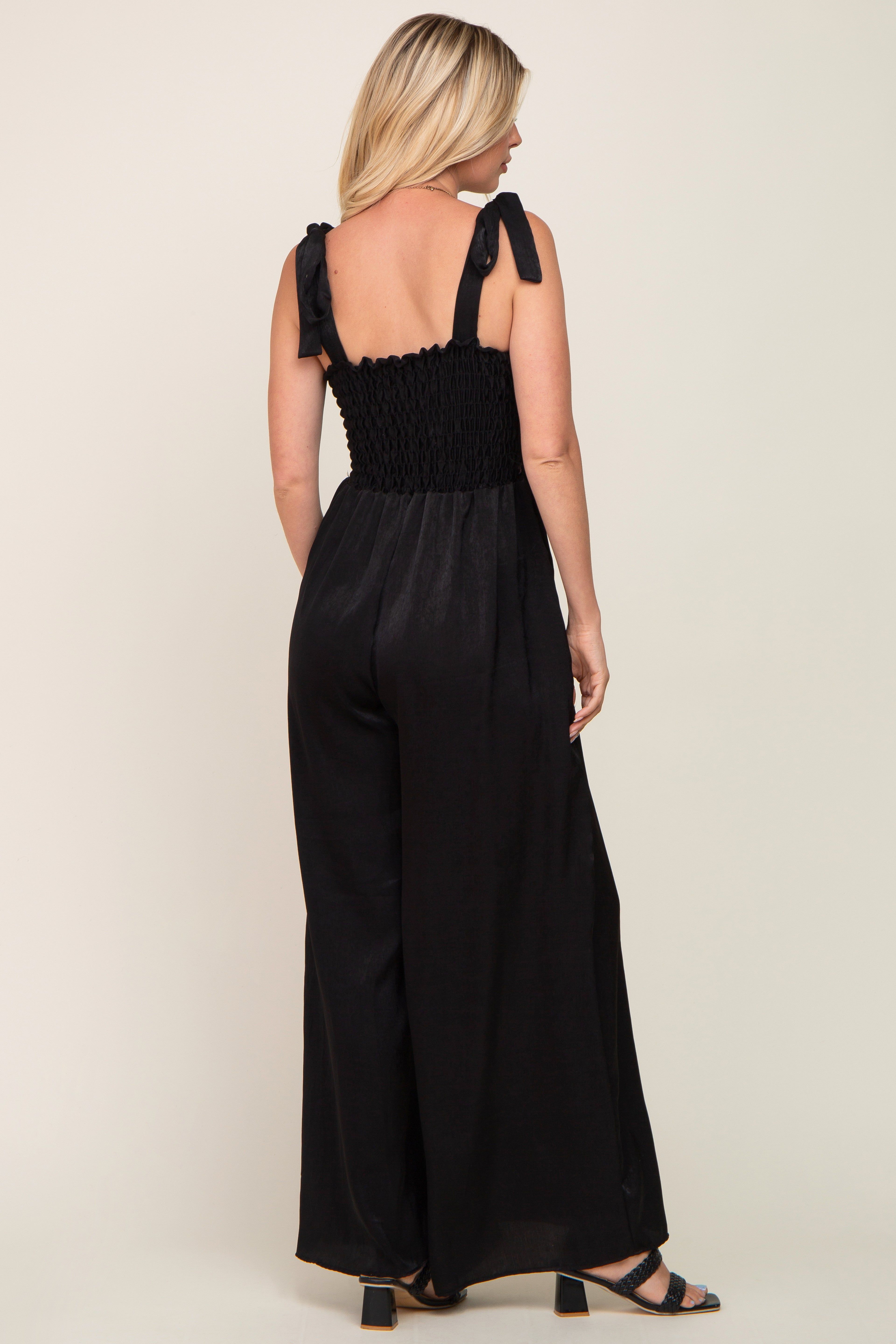 Black Satin Smocked Square Neck Shoulder Tie Jumpsuit sold by Pinkblush product image thumbnail 3