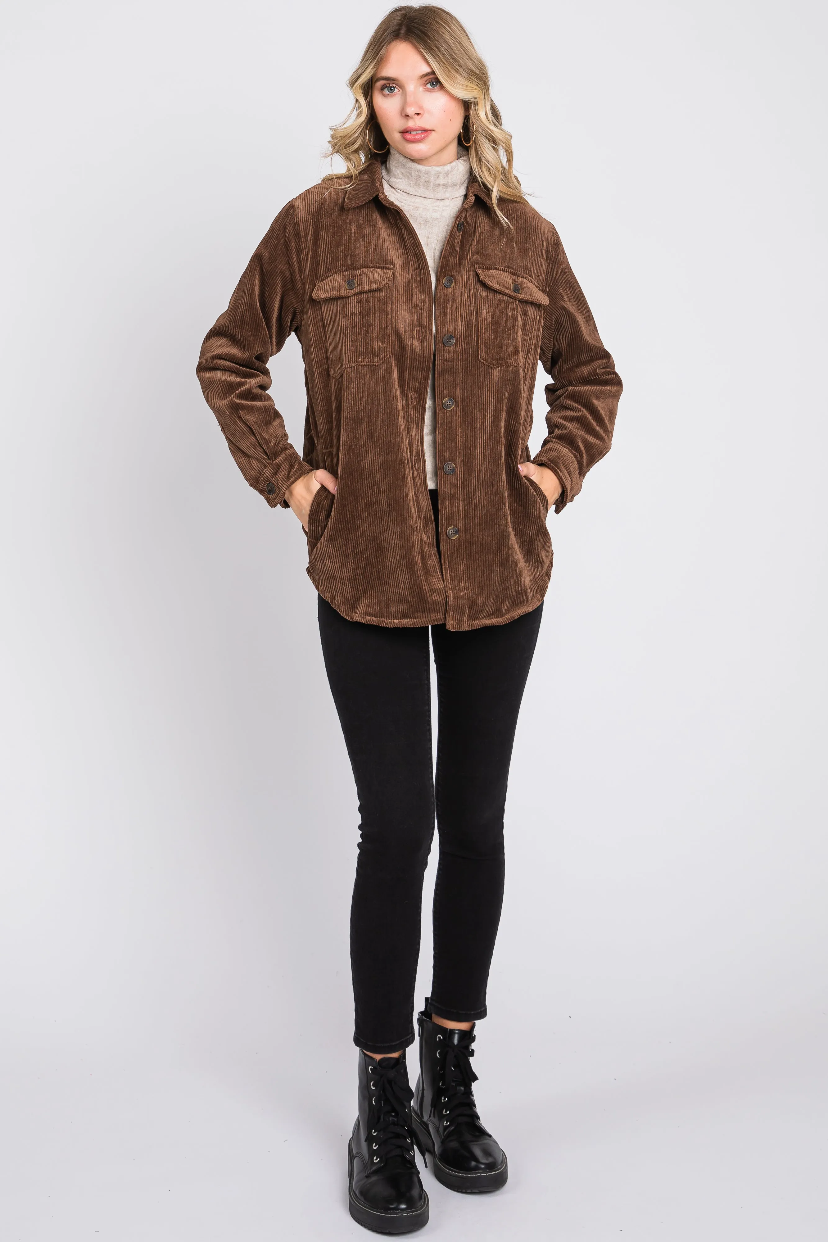Brown Corduroy Plaid Fleece Lined Button Down Shacket sold by Pinkblush product image thumbnail 4