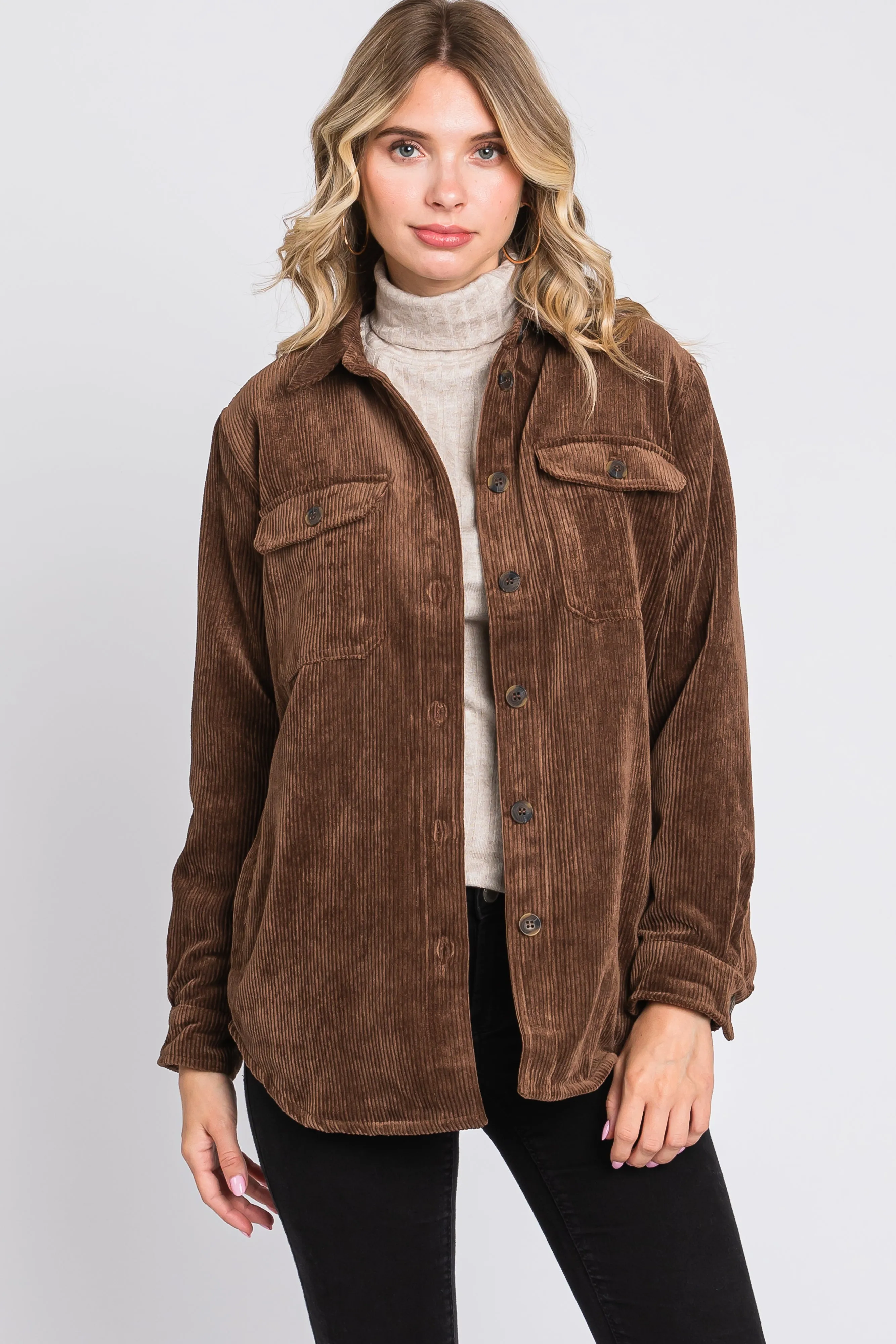 Brown Corduroy Plaid Fleece Lined Button Down Shacket sold by Pinkblush