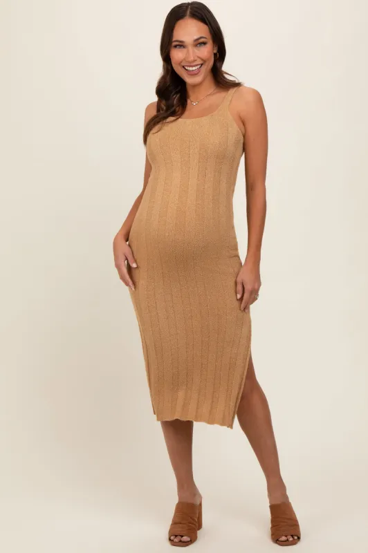 Taupe Rib Knit Side Slit Maternity Maxi Dress sold by Pinkblush
