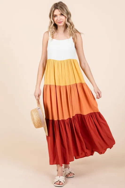 Orange Tiered Colorblock Maxi Dress sold by Pinkblush