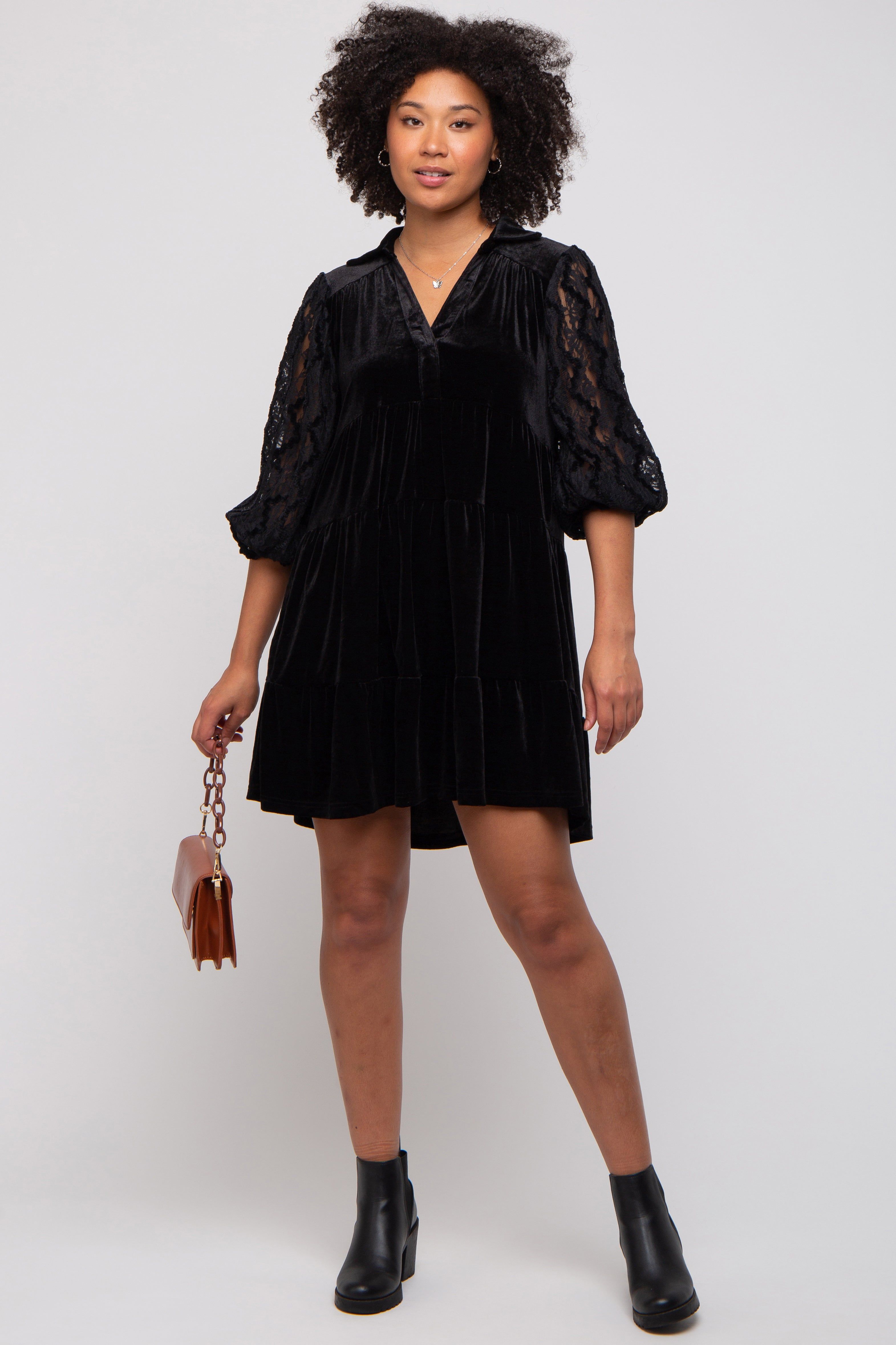 Black Velvet Lace Sleeve Collared Tiered Maternity Dress sold by Pinkblush product image thumbnail 5