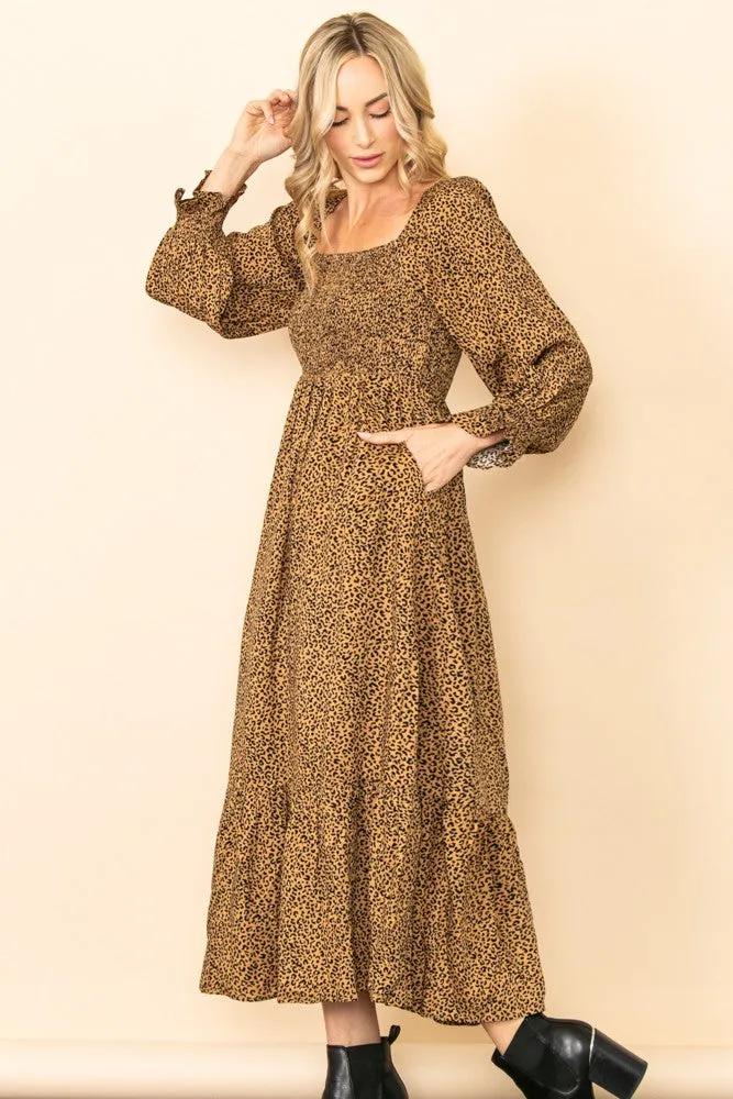 Camel Leopard Print Square Neck Smocked Midi Dress sold by Pinkblush product image thumbnail 2
