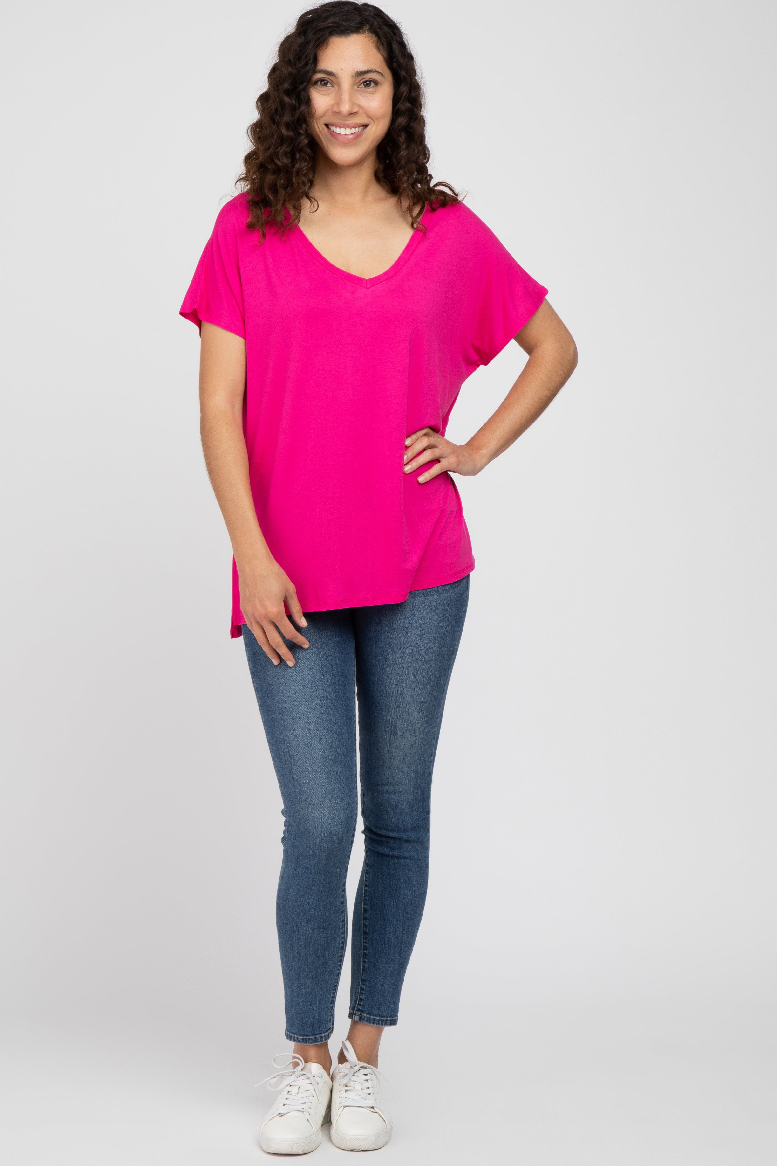 Fuchsia V-Neck Oversized Short Sleeve Top sold by Pinkblush product image thumbnail 4