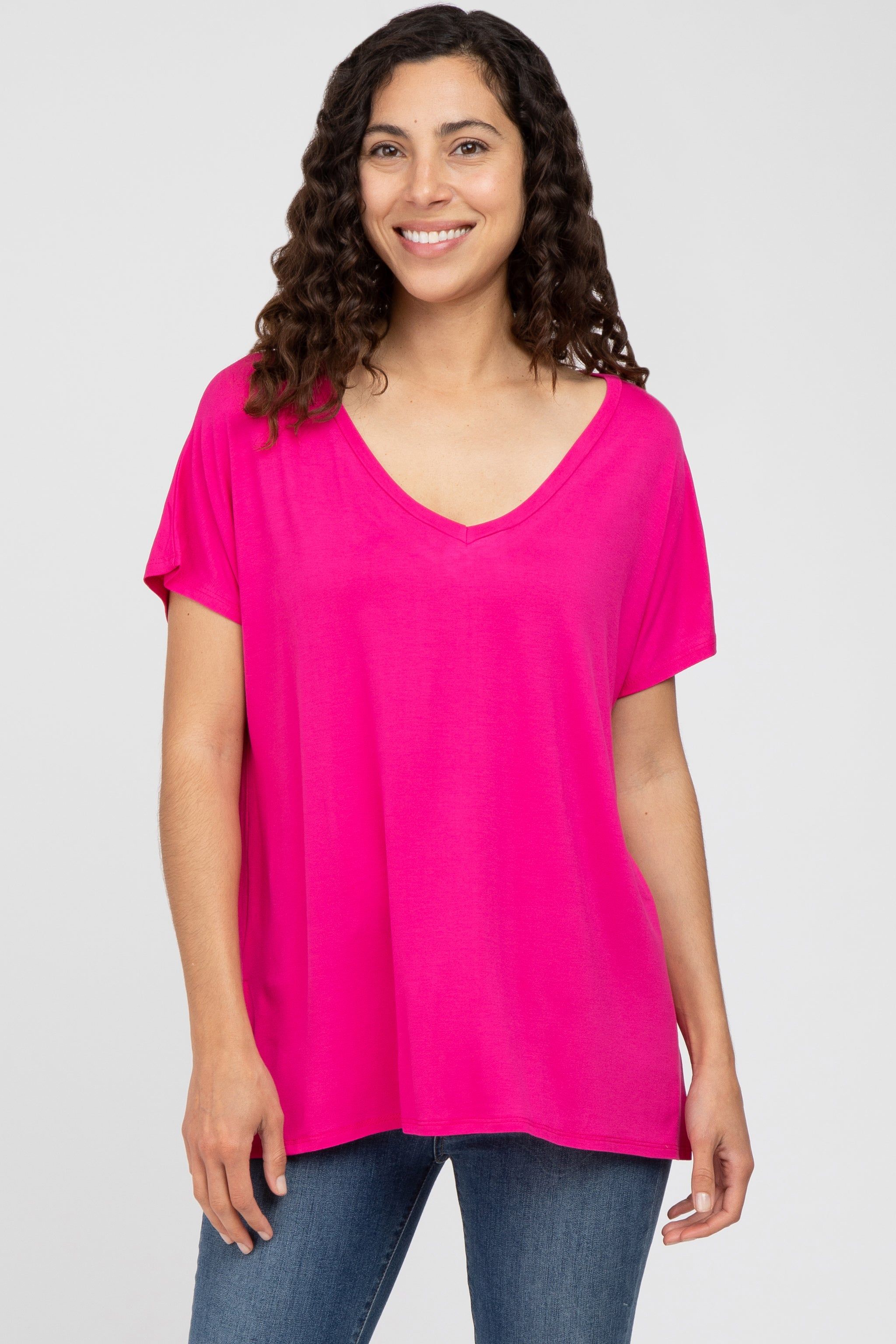 Fuchsia V-Neck Oversized Short Sleeve Top sold by Pinkblush