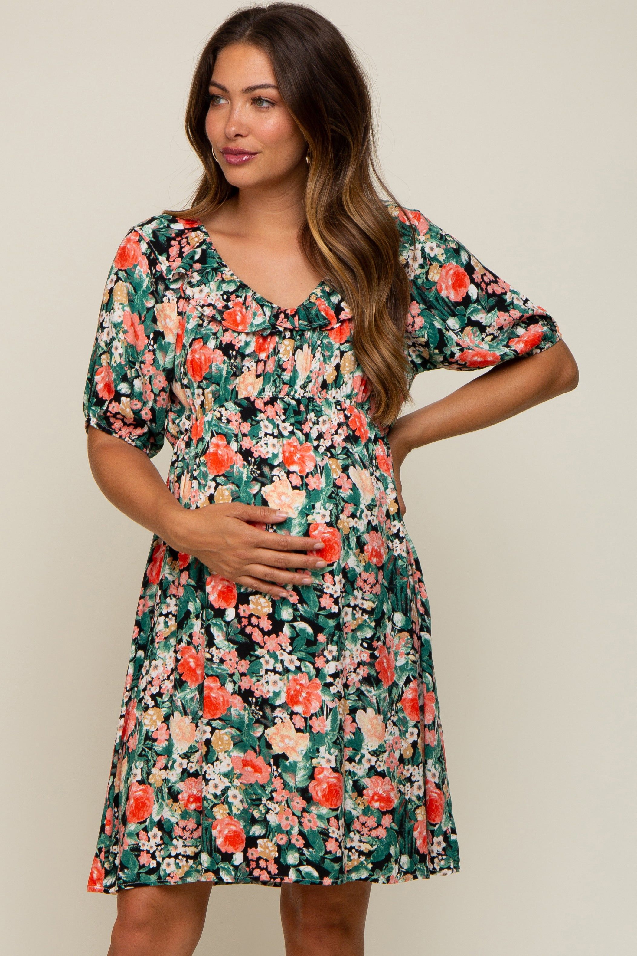 Coral Floral Ruffle Short Sleeve Maternity Dress sold by Pinkblush