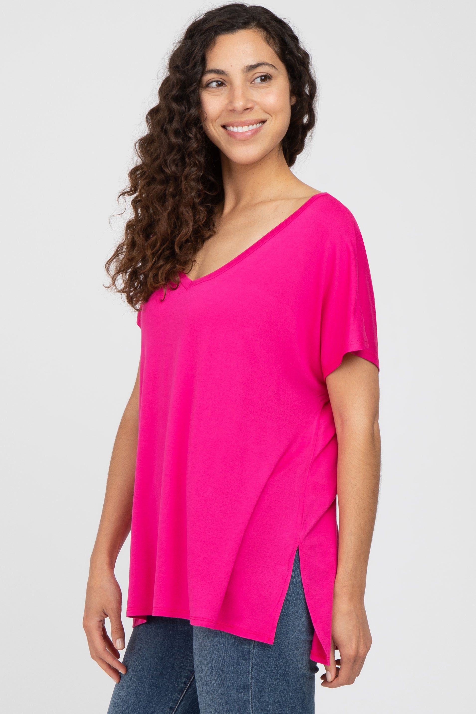 Fuchsia V-Neck Oversized Short Sleeve Top sold by Pinkblush product image thumbnail 2