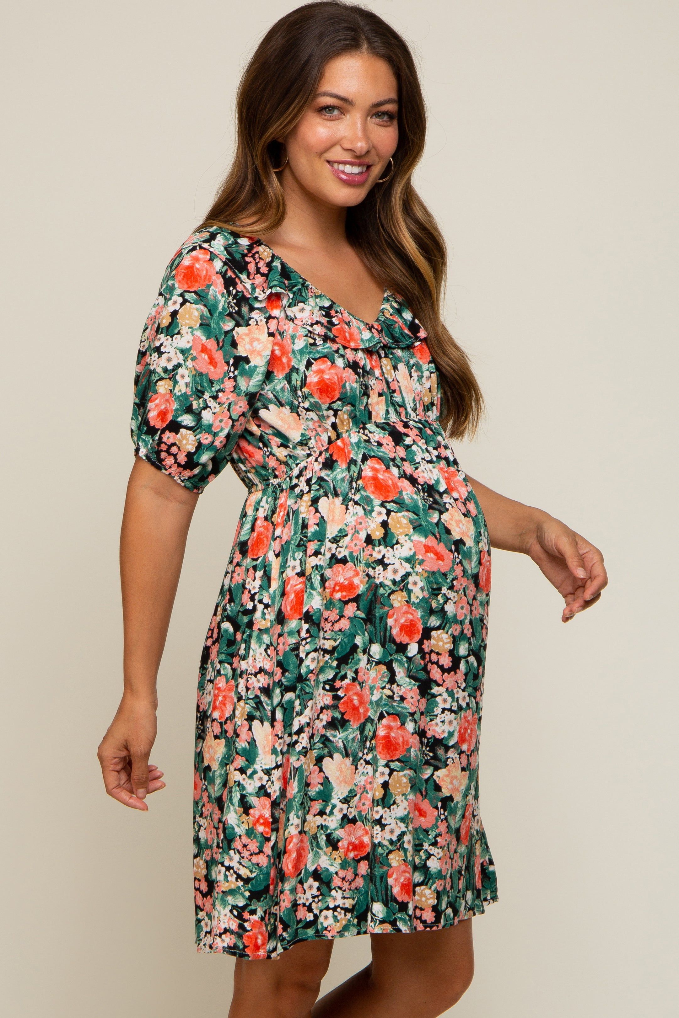 Coral Floral Ruffle Short Sleeve Maternity Dress sold by Pinkblush product image thumbnail 2