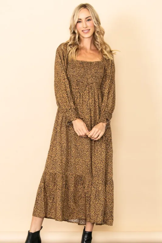 Camel Leopard Print Square Neck Smocked Midi Dress sold by Pinkblush