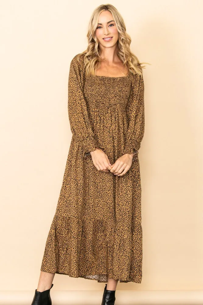 Camel Leopard Print Square Neck Smocked Midi Dress sold by Pinkblush