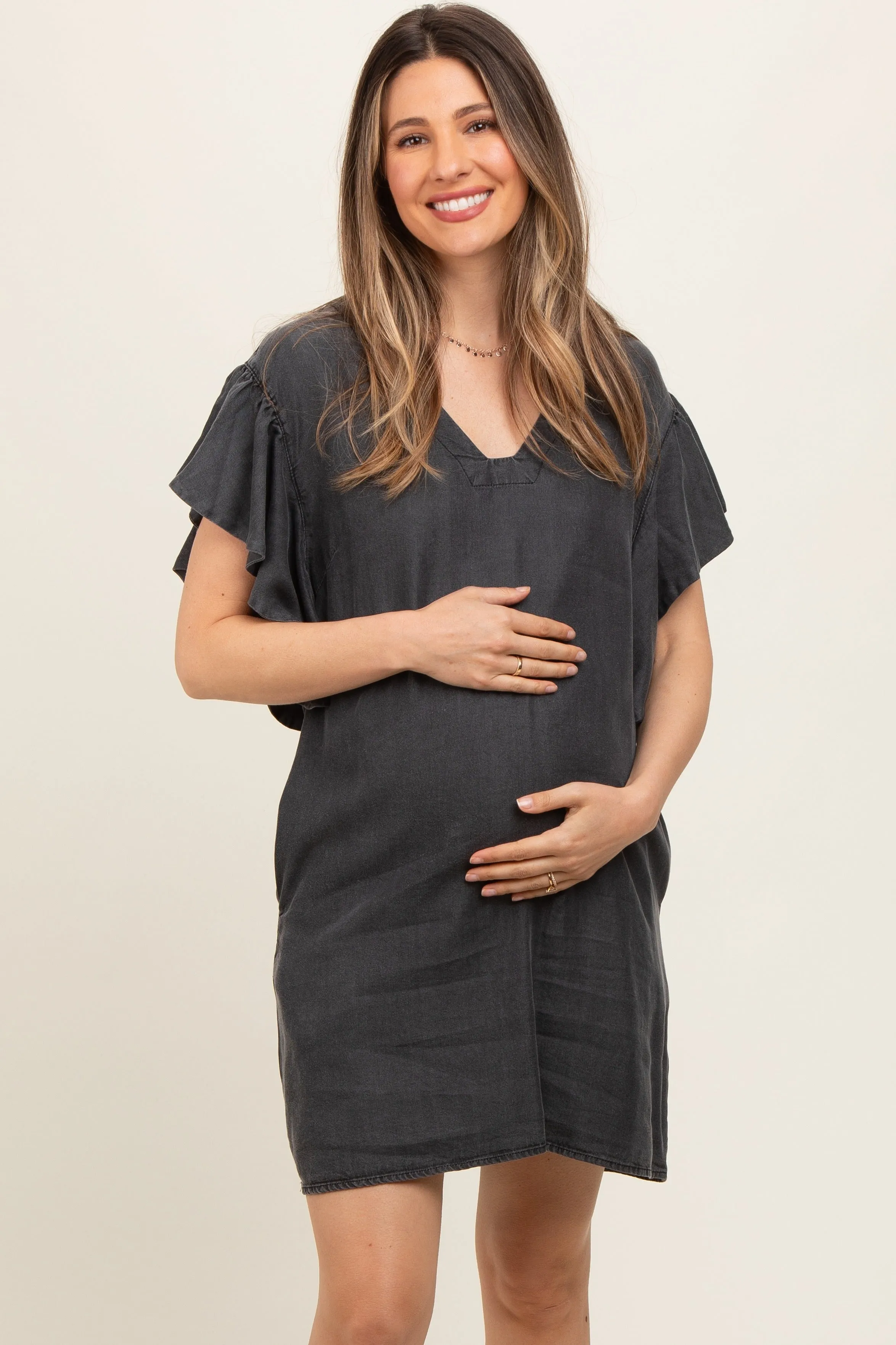 Charcoal Ruffle Sleeve Maternity Mini Dress sold by Pinkblush