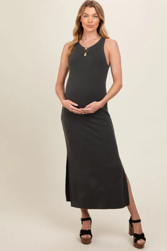 Charcoal Ribbed Knit Side Slit Sleeveless Maternity Dress sold by Pinkblush