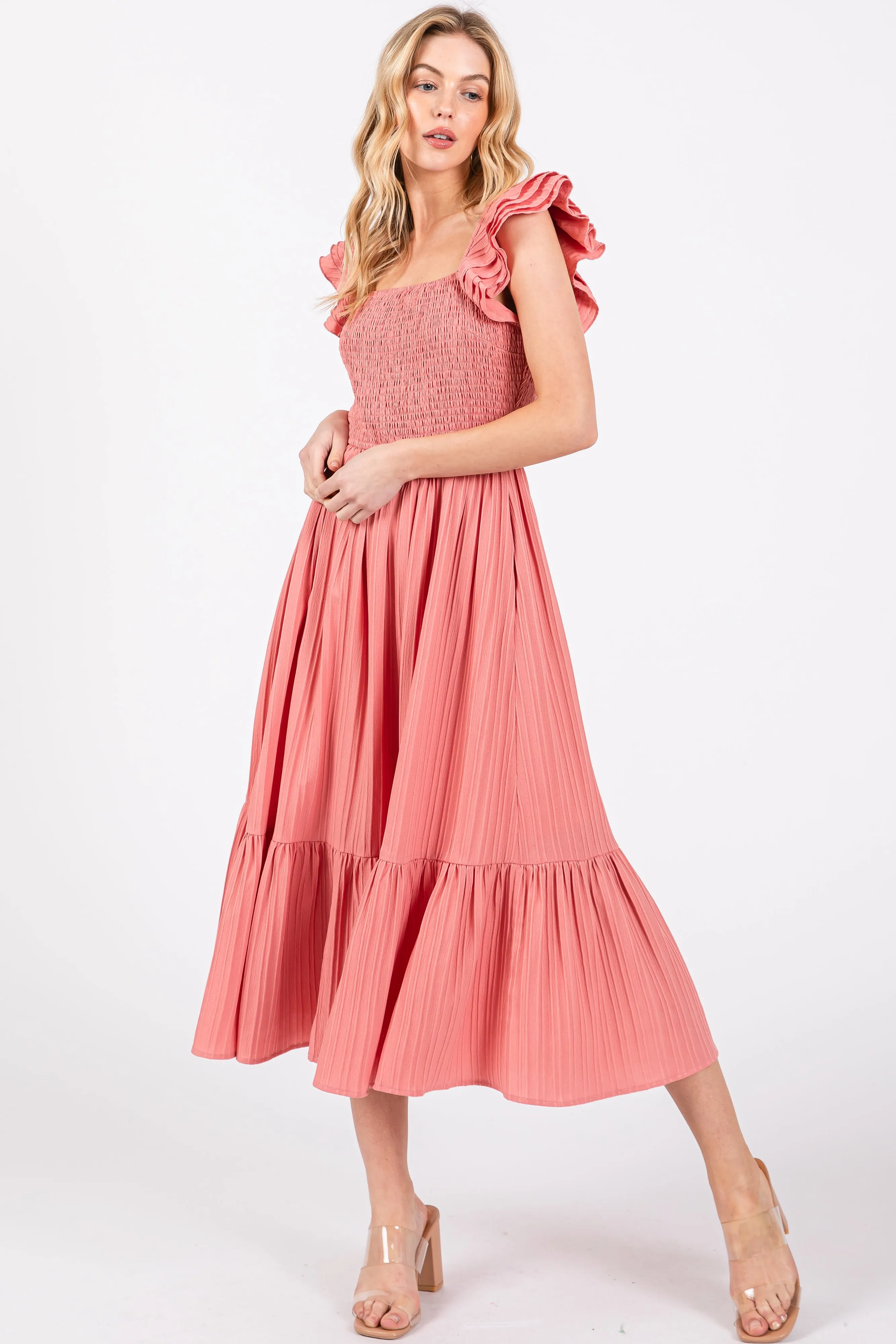 Mauve Striped Flutter Sleeve Midi Dress sold by Pinkblush