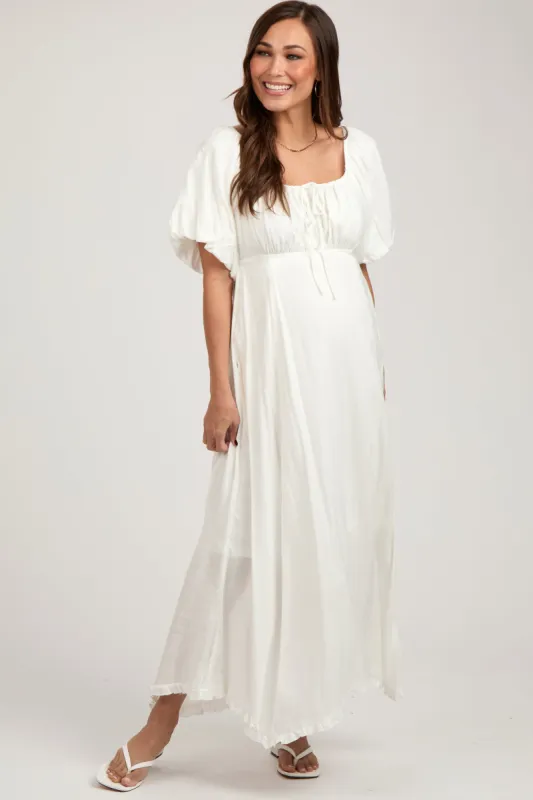 White Front Tie Puff Sleeve Maternity Maxi Dress sold by Pinkblush