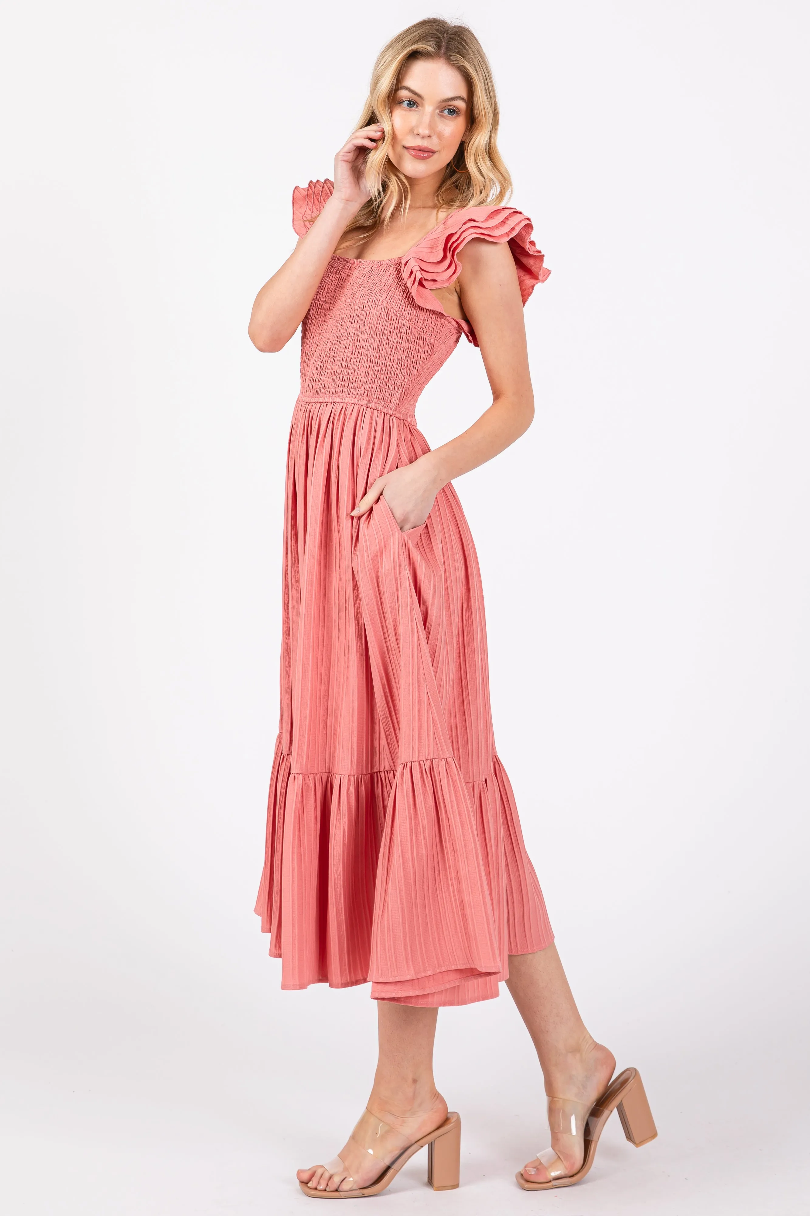 Mauve Striped Flutter Sleeve Midi Dress sold by Pinkblush product image thumbnail 2