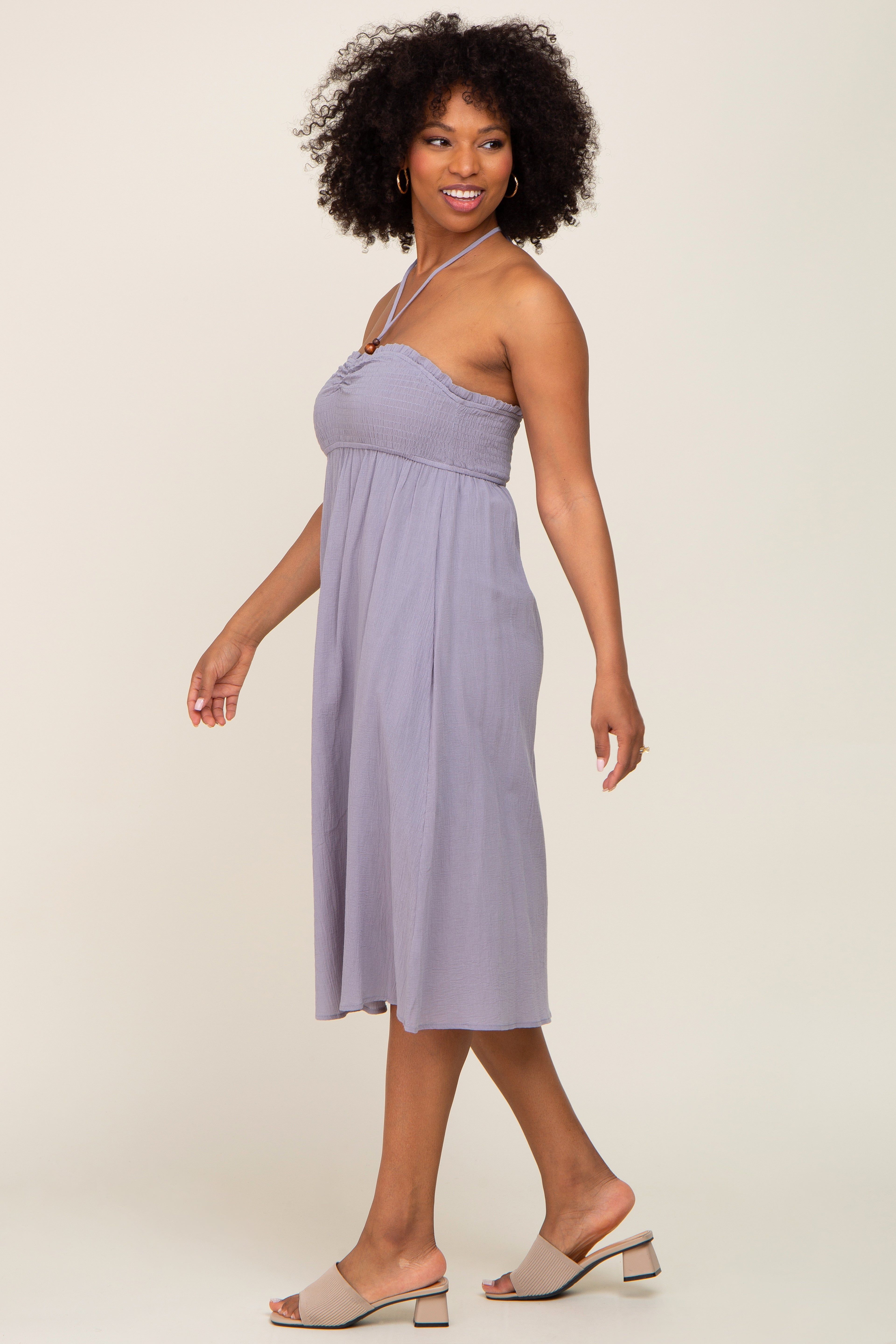 Grey Smocked Sleeveless Halter Midi Dress sold by Pinkblush product image thumbnail 2