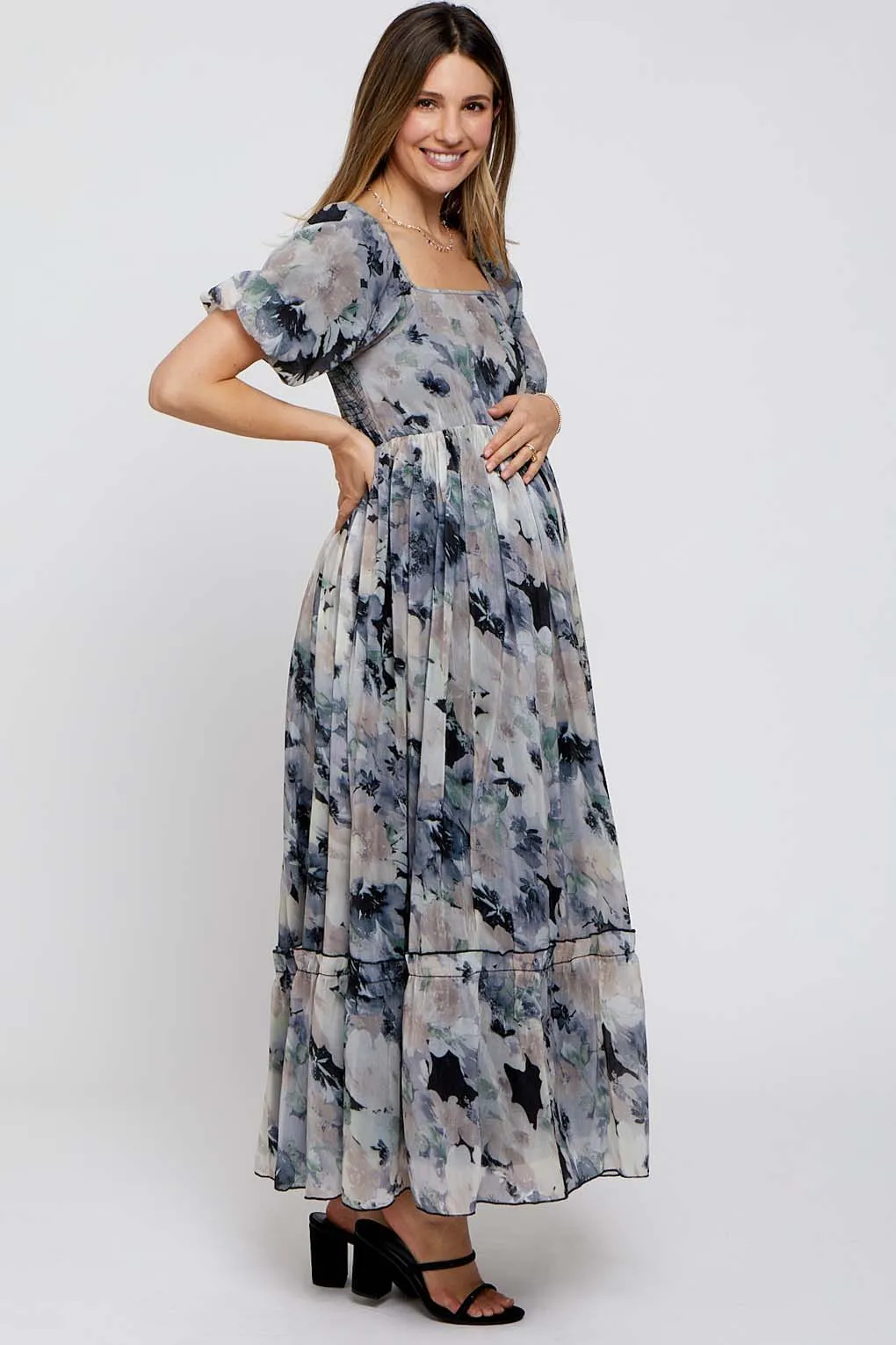 Black Floral Puff Sleeve Maternity Maxi Dress sold by Pinkblush product image thumbnail 3