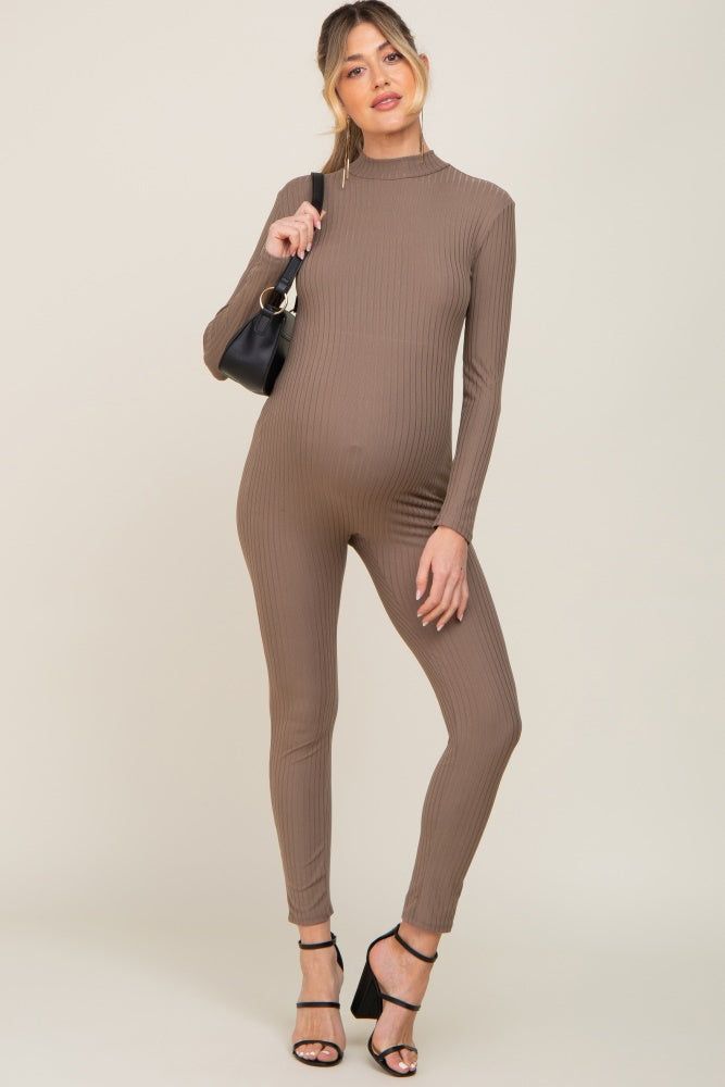 Taupe Ribbed Maternity Jumpsiut sold by Pinkblush