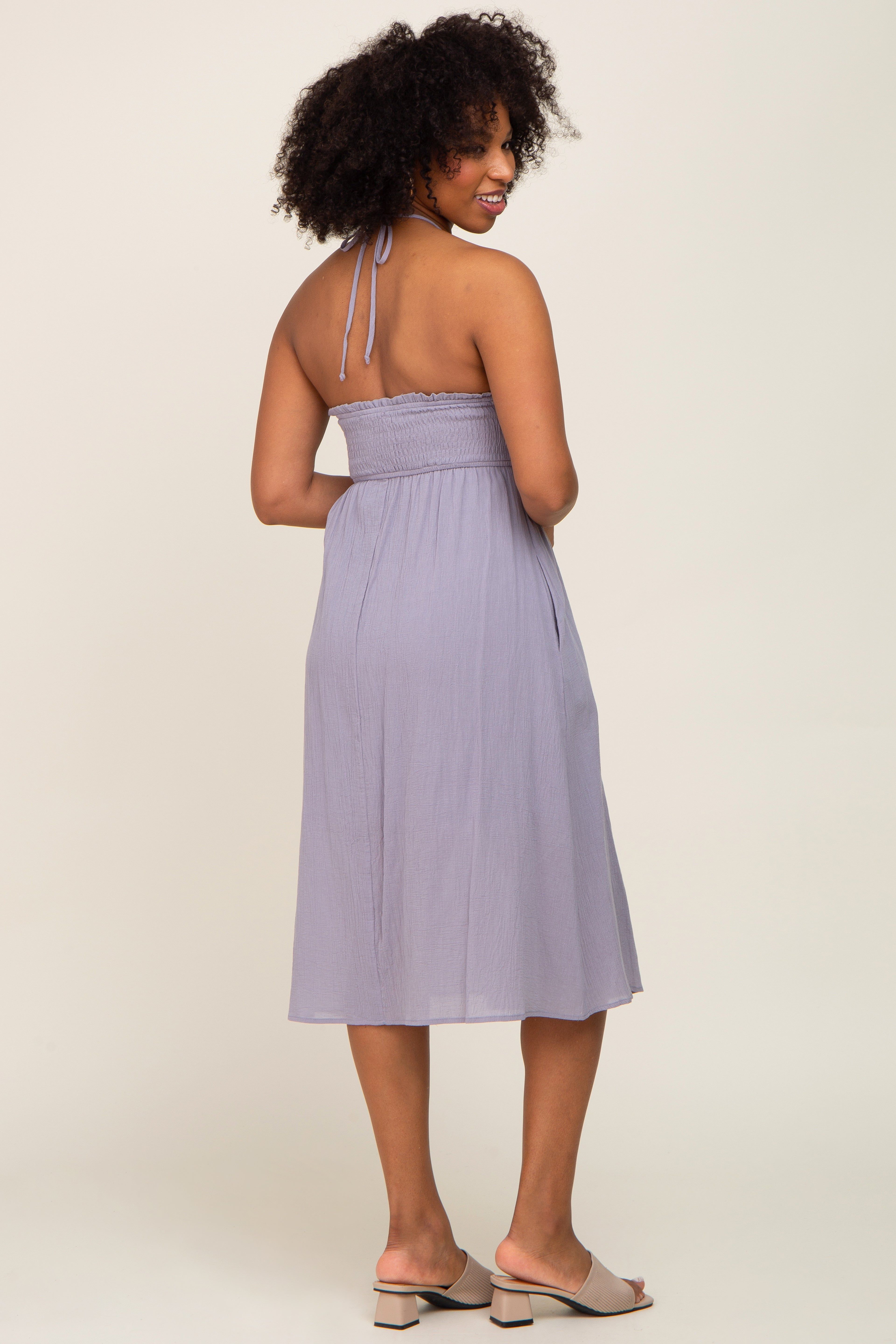 Grey Smocked Sleeveless Halter Midi Dress sold by Pinkblush product image thumbnail 3