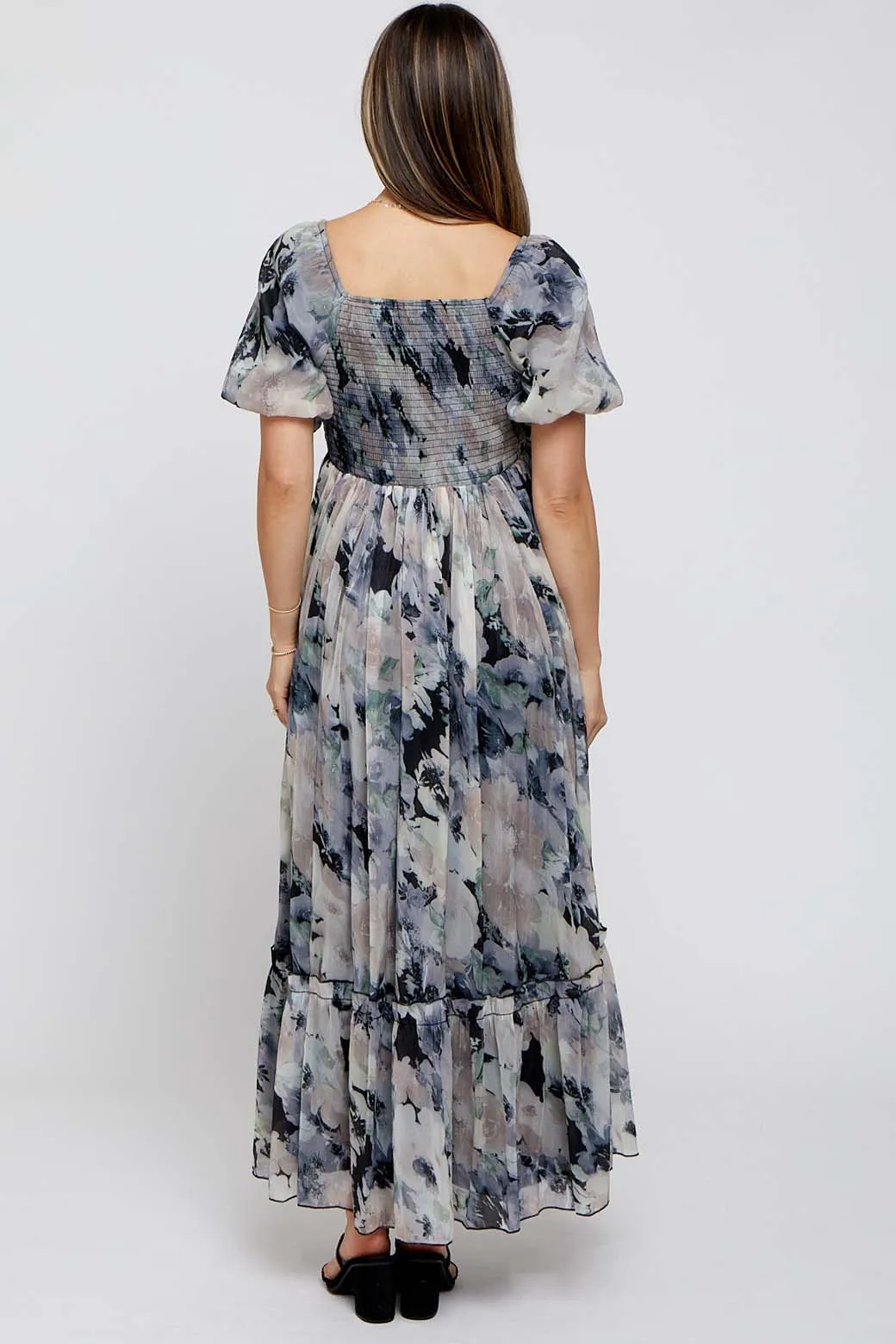 Black Floral Puff Sleeve Maternity Maxi Dress sold by Pinkblush product image thumbnail 4