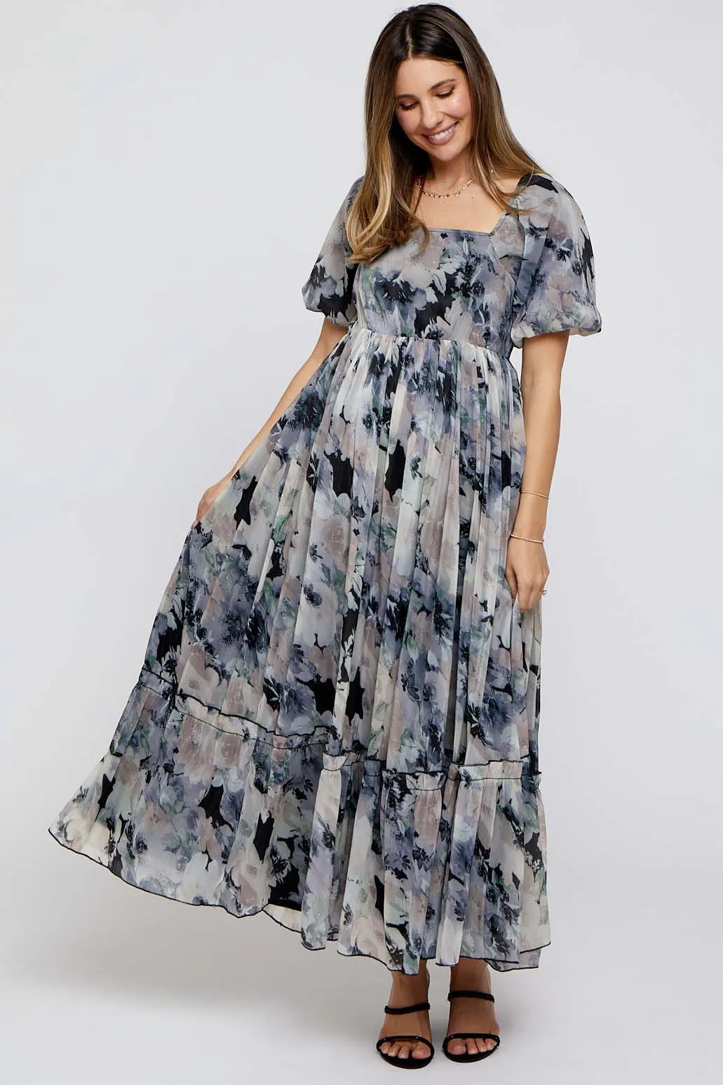 Black Floral Puff Sleeve Maternity Maxi Dress sold by Pinkblush