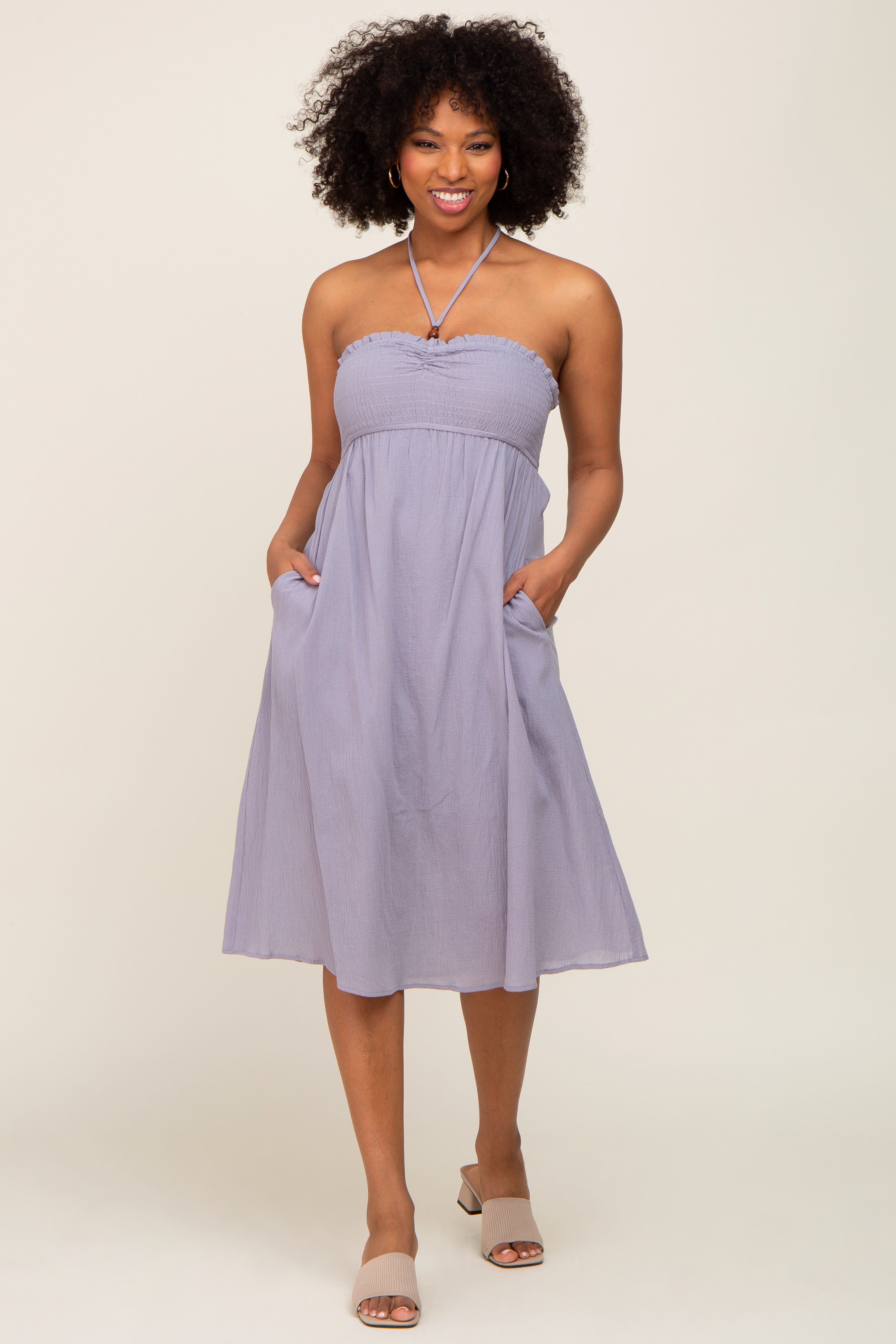 Grey Smocked Sleeveless Halter Midi Dress sold by Pinkblush product image thumbnail 4
